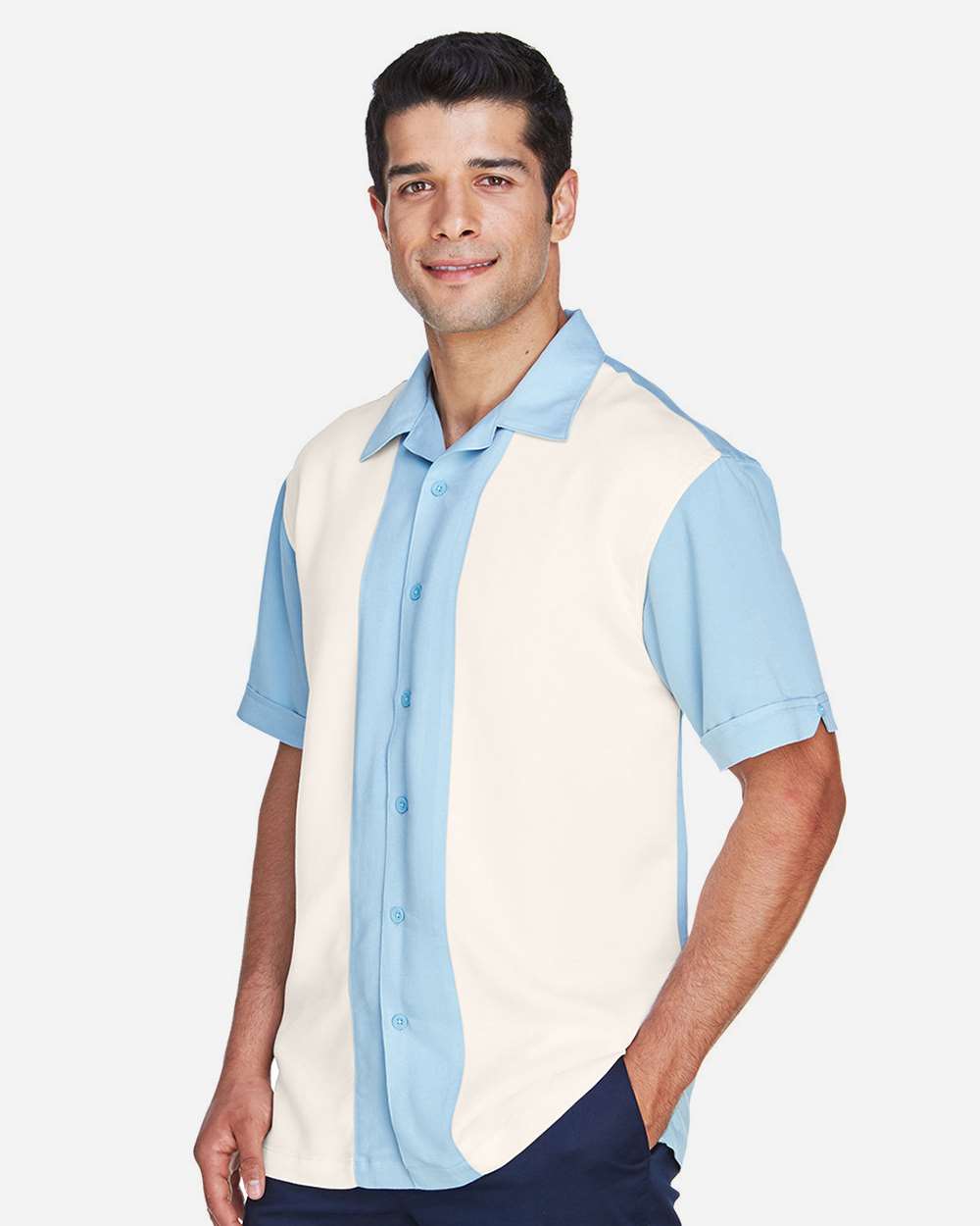 Men's Two-Tone Camp Shirt - OnModelSide - B255B9253 - Cloud Blue/ Cream