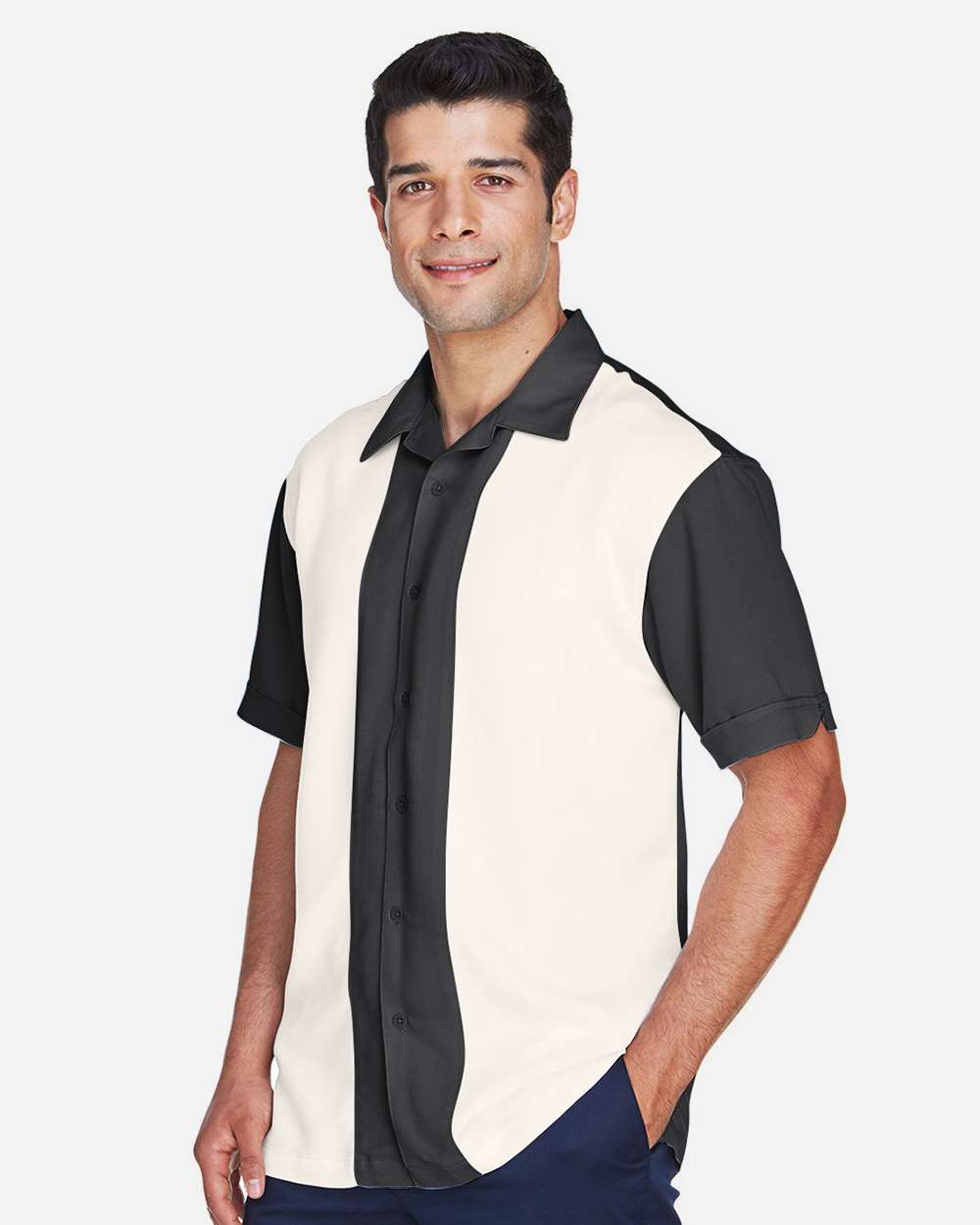 Men's Two-Tone Camp Shirt - OnModelSide - B255B9503 - Black/ Cream