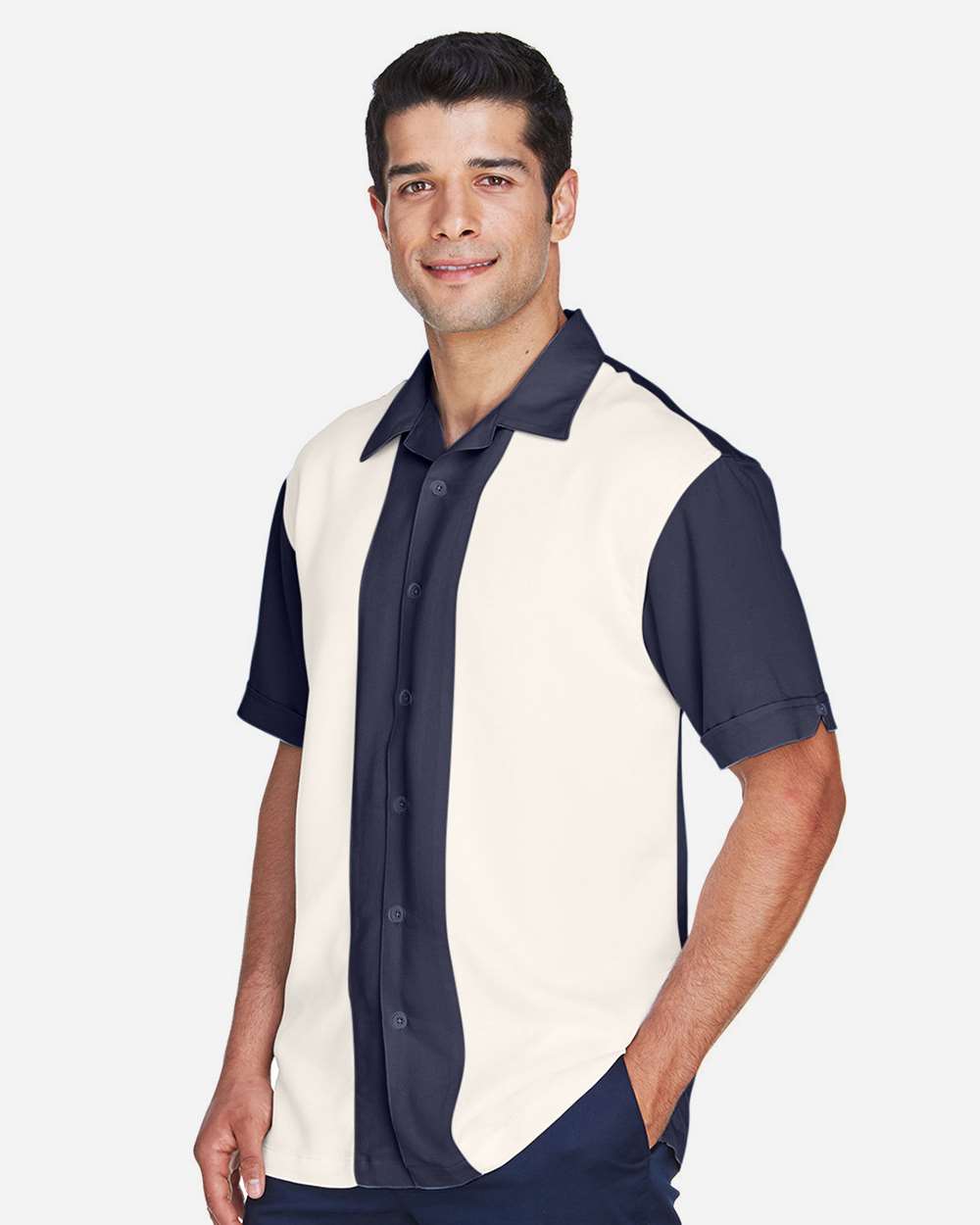 Men's Two-Tone Camp Shirt - OnModelSide - B255B9653 - Navy/ Cream