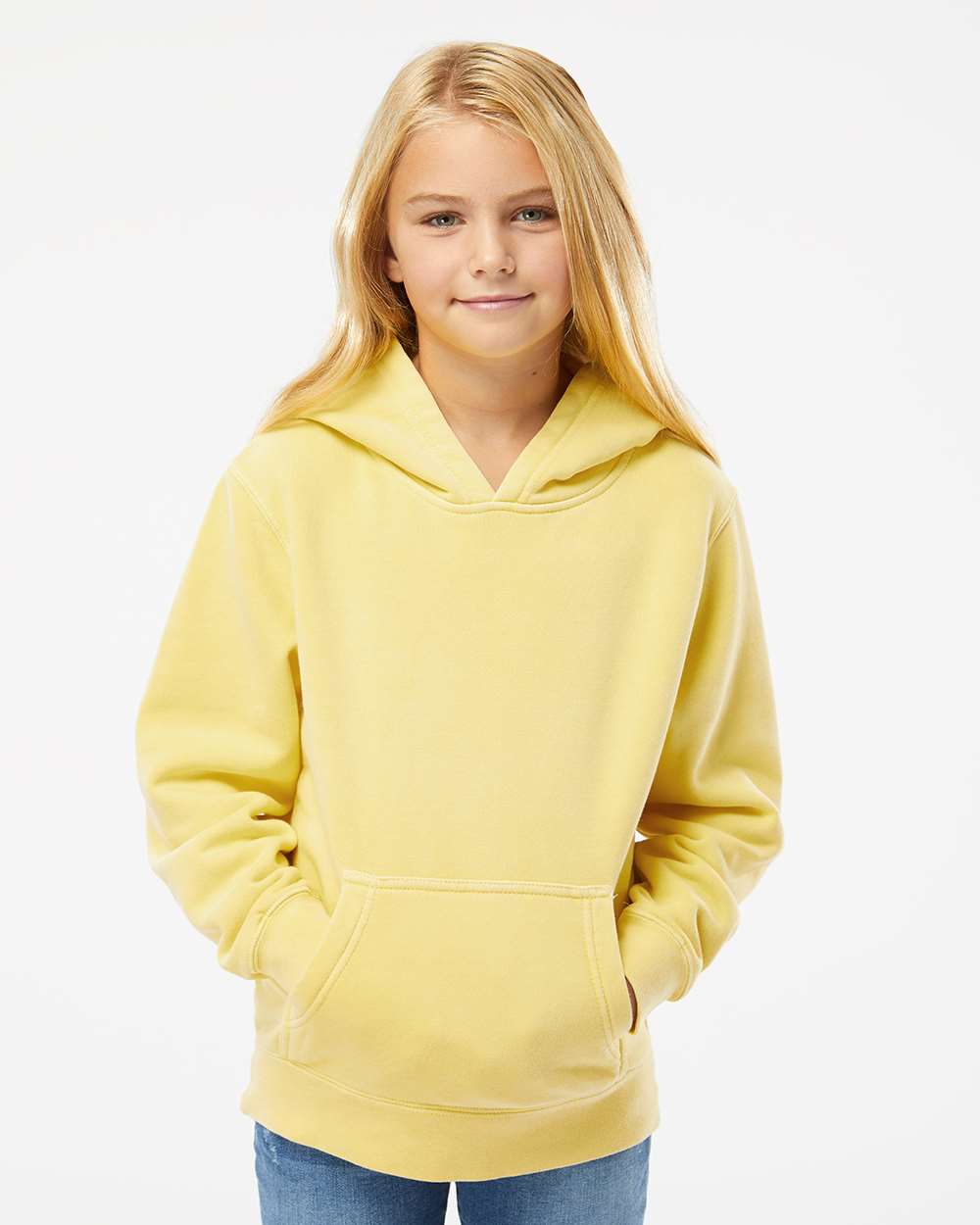 Youth Midweight Pigment-Dyed Hooded Sweatshirt - OnModelFront - B11176282 - Pigment Yellow