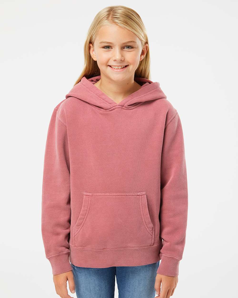 Youth Midweight Pigment-Dyed Hooded Sweatshirt - OnModelFront - B11176853 - Pigment Maroon