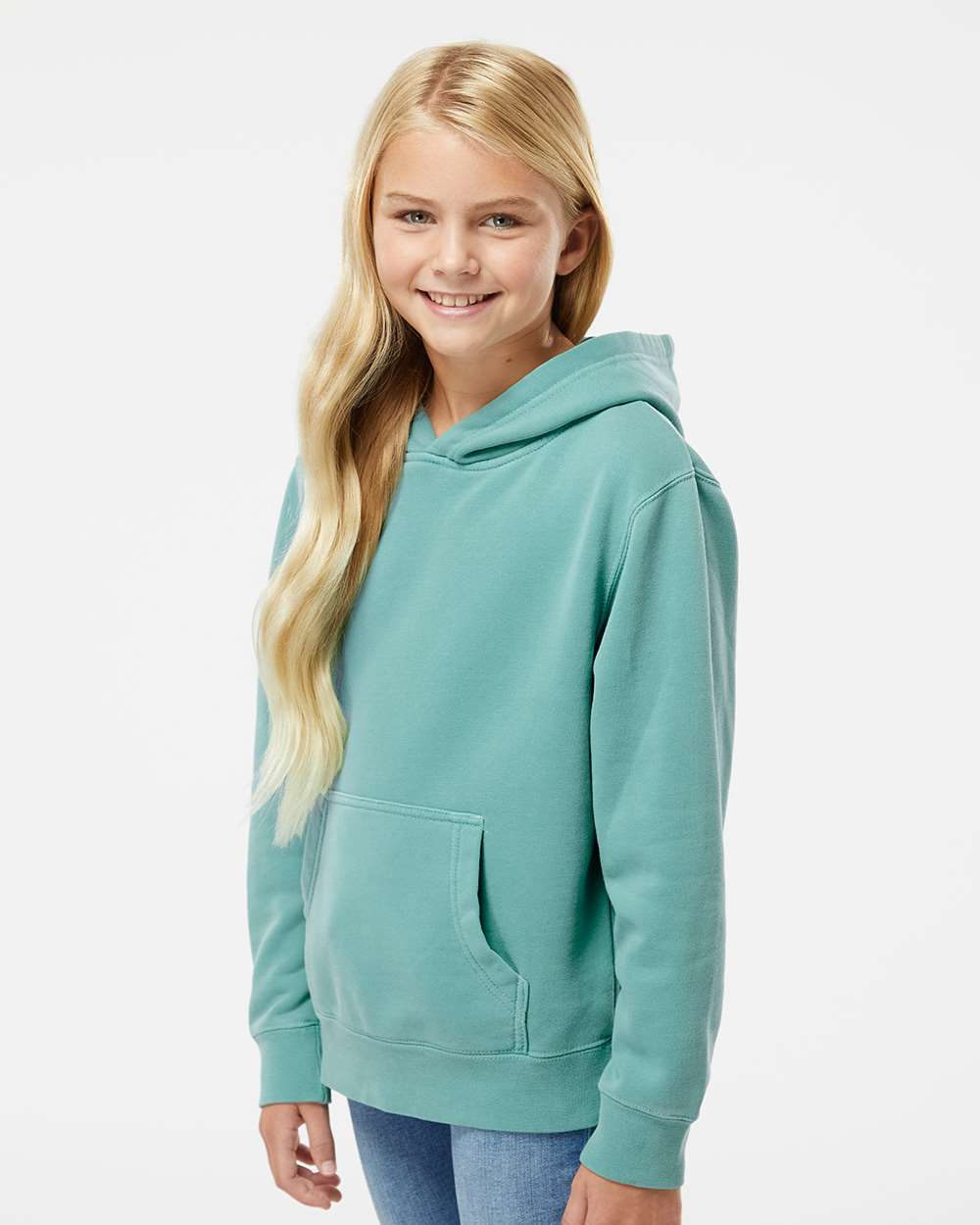 Youth Midweight Pigment-Dyed Hooded Sweatshirt - OnModelSide - B11176192 - Pigment Mint