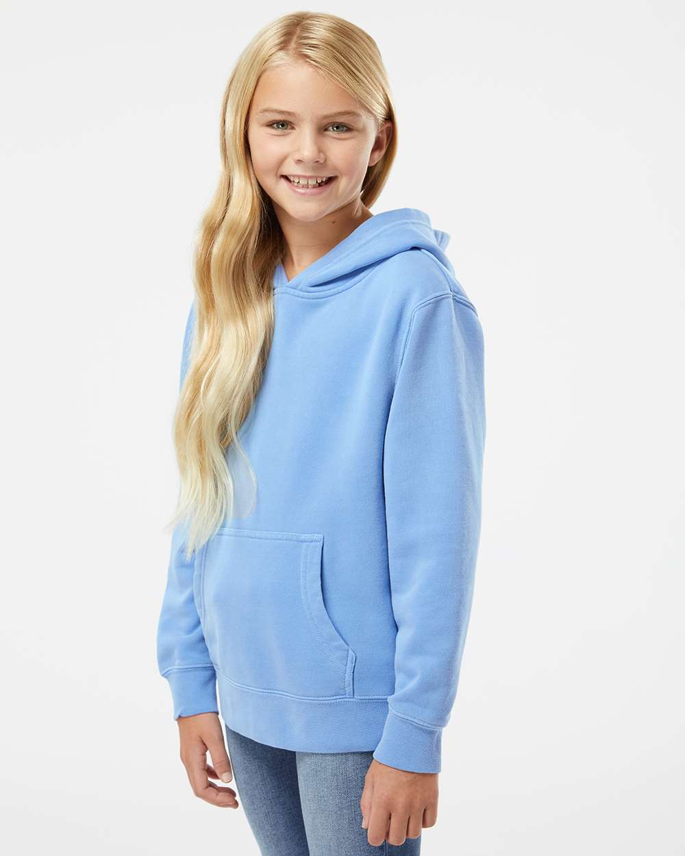 Youth Midweight Pigment-Dyed Hooded Sweatshirt - OnModelSide - B11176252 - Pigment Light Blue