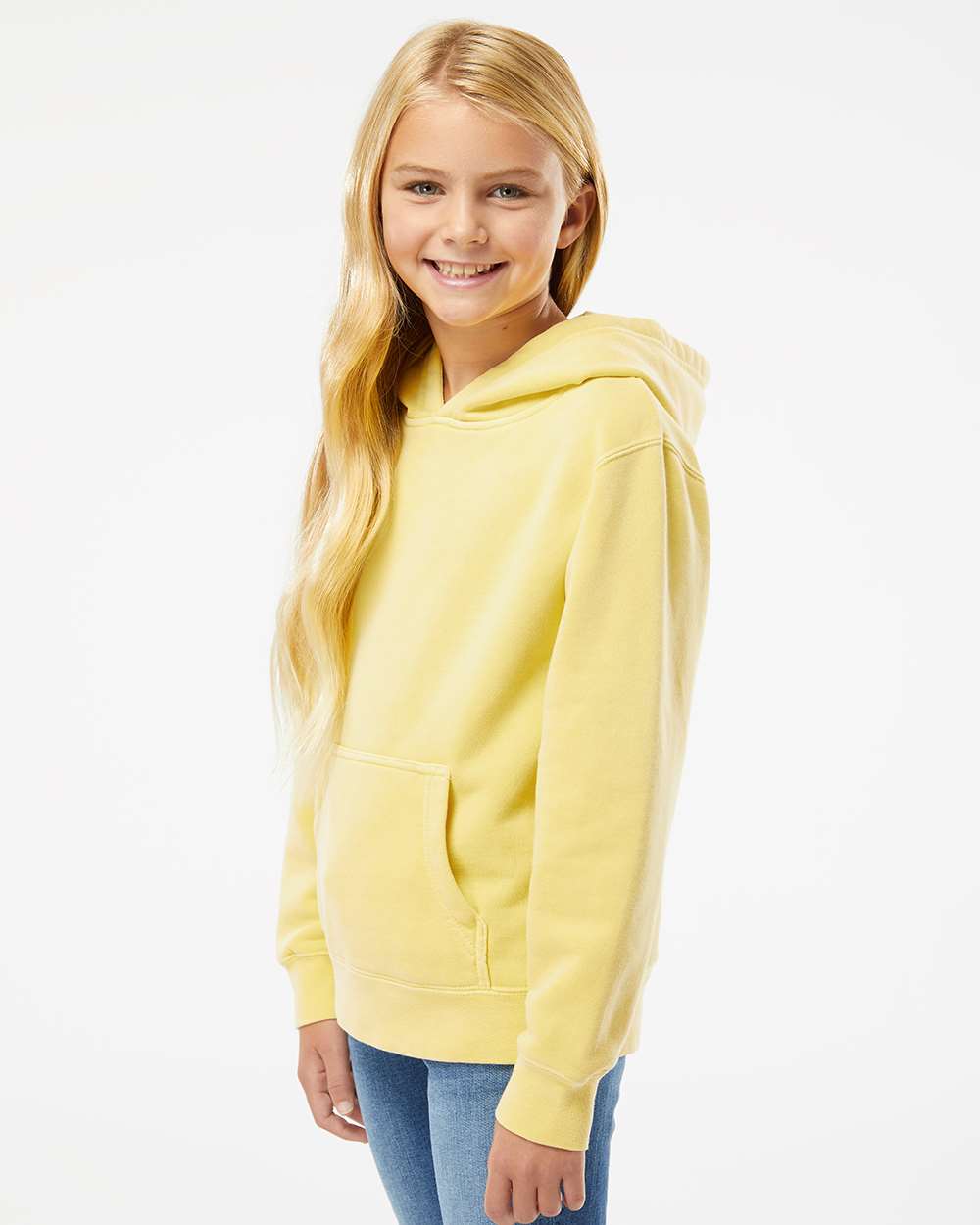 Youth Midweight Pigment-Dyed Hooded Sweatshirt - OnModelSide - B11176282 - Pigment Yellow