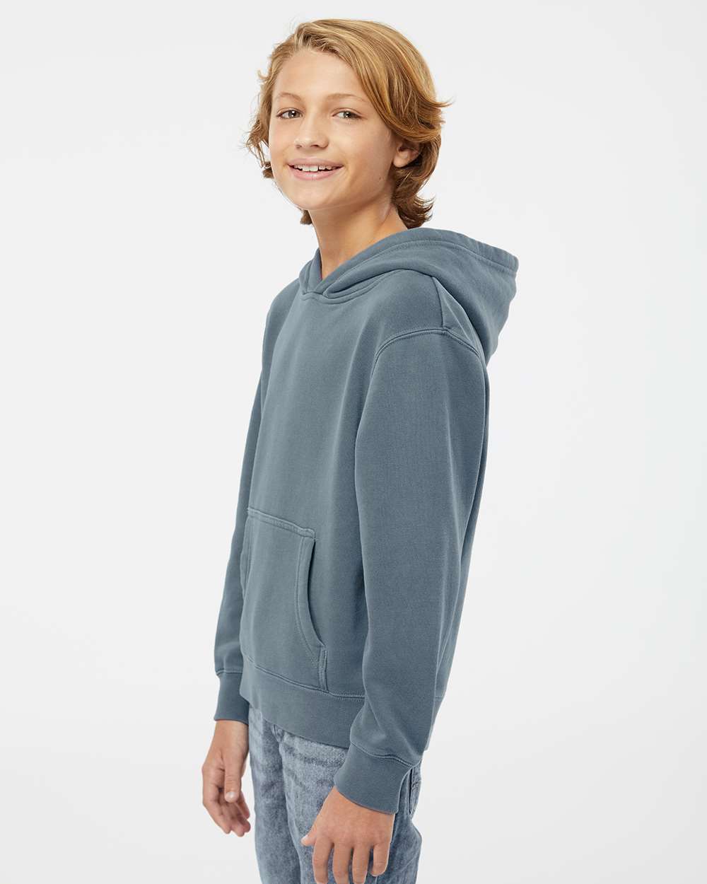 Youth Midweight Pigment-Dyed Hooded Sweatshirt - OnModelSide - B11176652 - Pigment Slate Blue