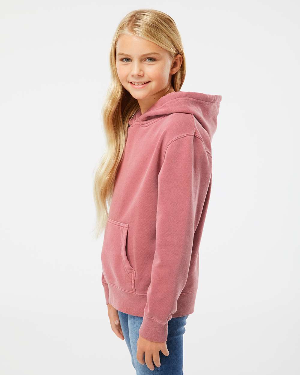 Youth Midweight Pigment-Dyed Hooded Sweatshirt - OnModelSide - B11176853 - Pigment Maroon