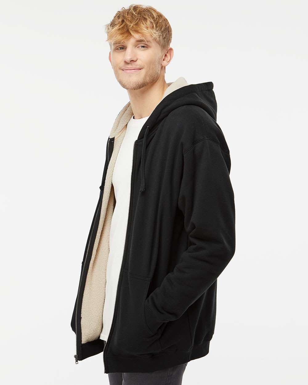 Men's Sherpa-Lined Full-Zip Hooded Sweatshirt - OnModelSide - B82076503 - Black/ Natural