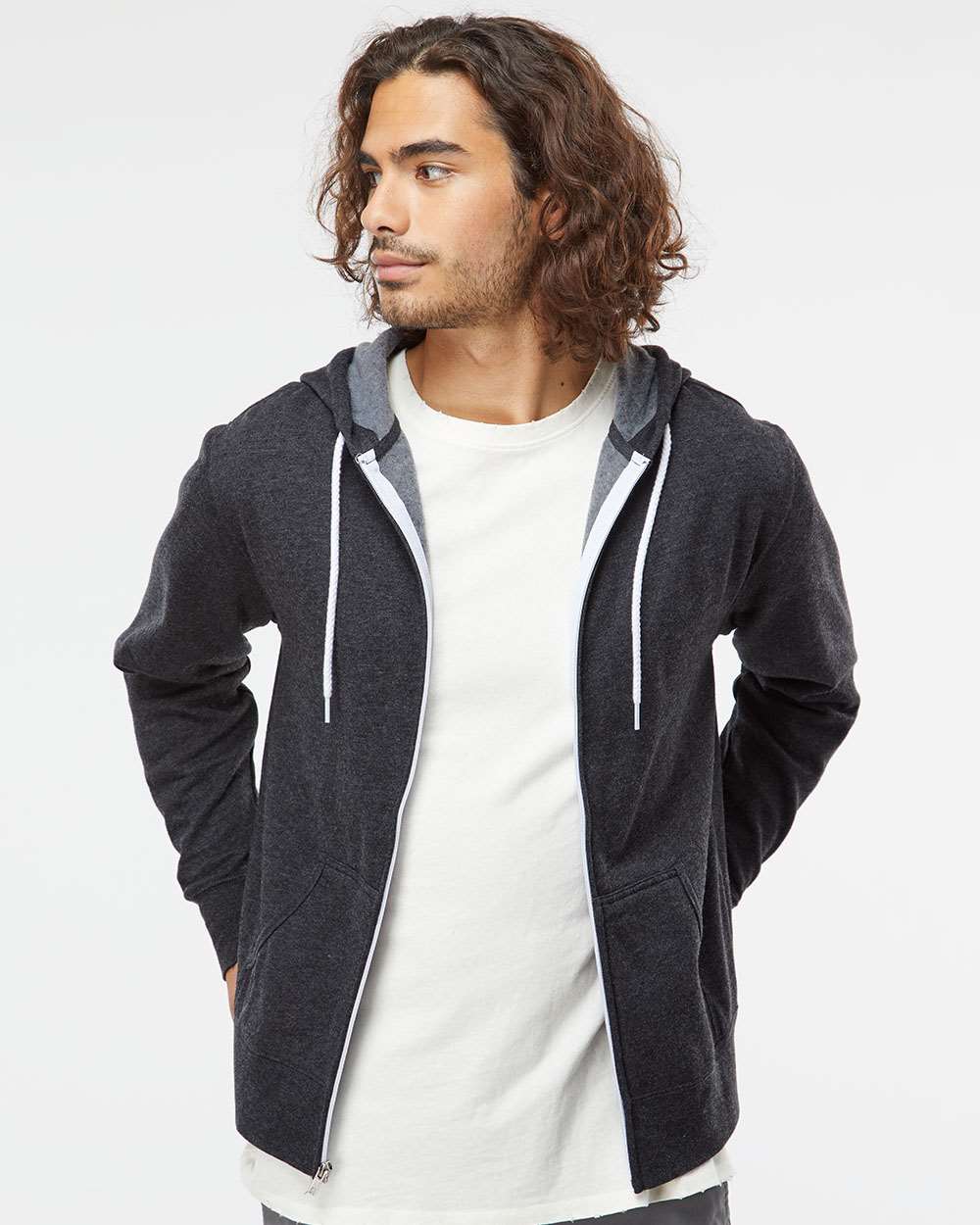 Unisex Lightweight Full-Zip Hooded Sweatshirt - OnModelFront - B81076092 - Charcoal Heather
