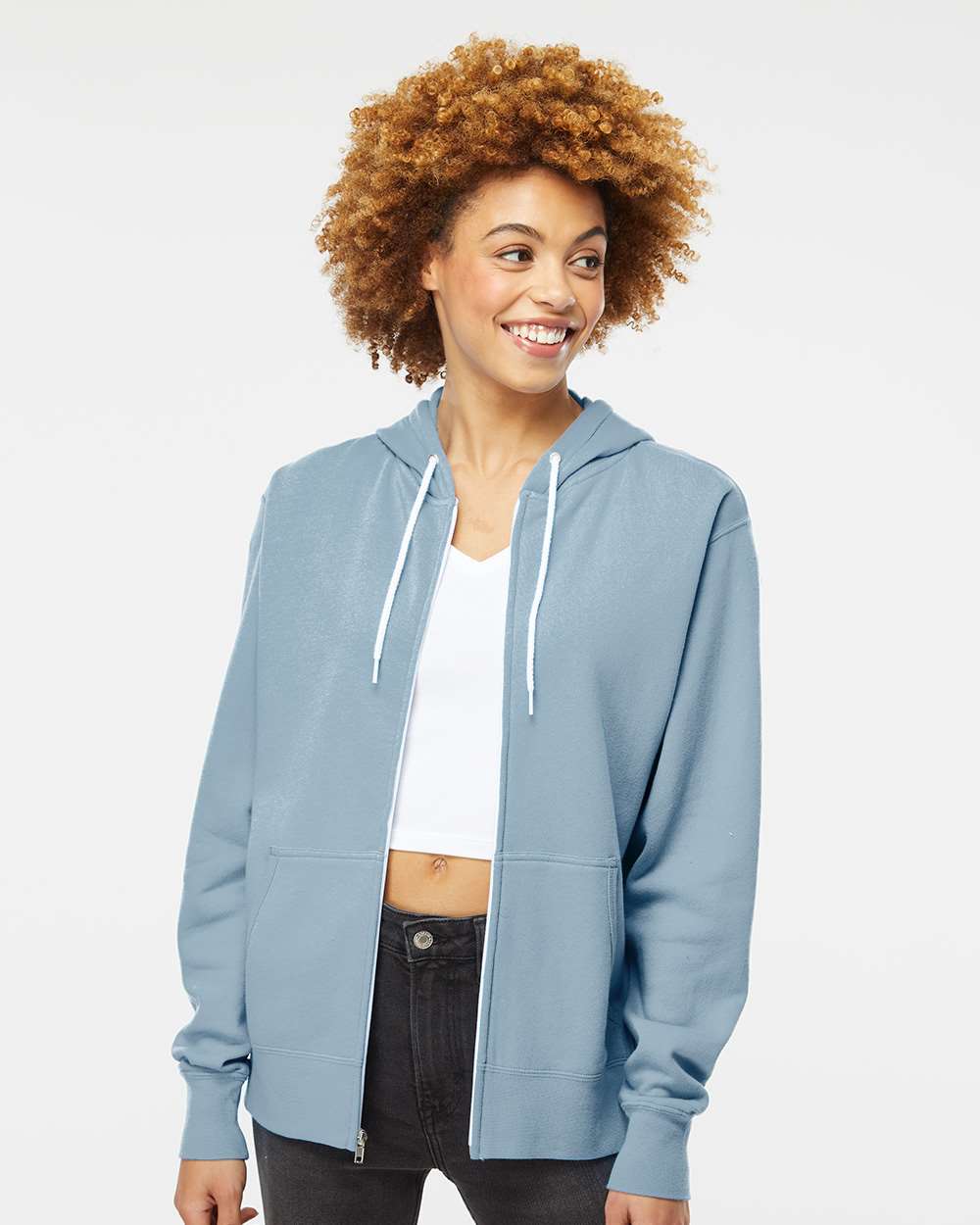 Unisex Lightweight Full-Zip Hooded Sweatshirt - OnModelFront - B81076252 - Misty Blue