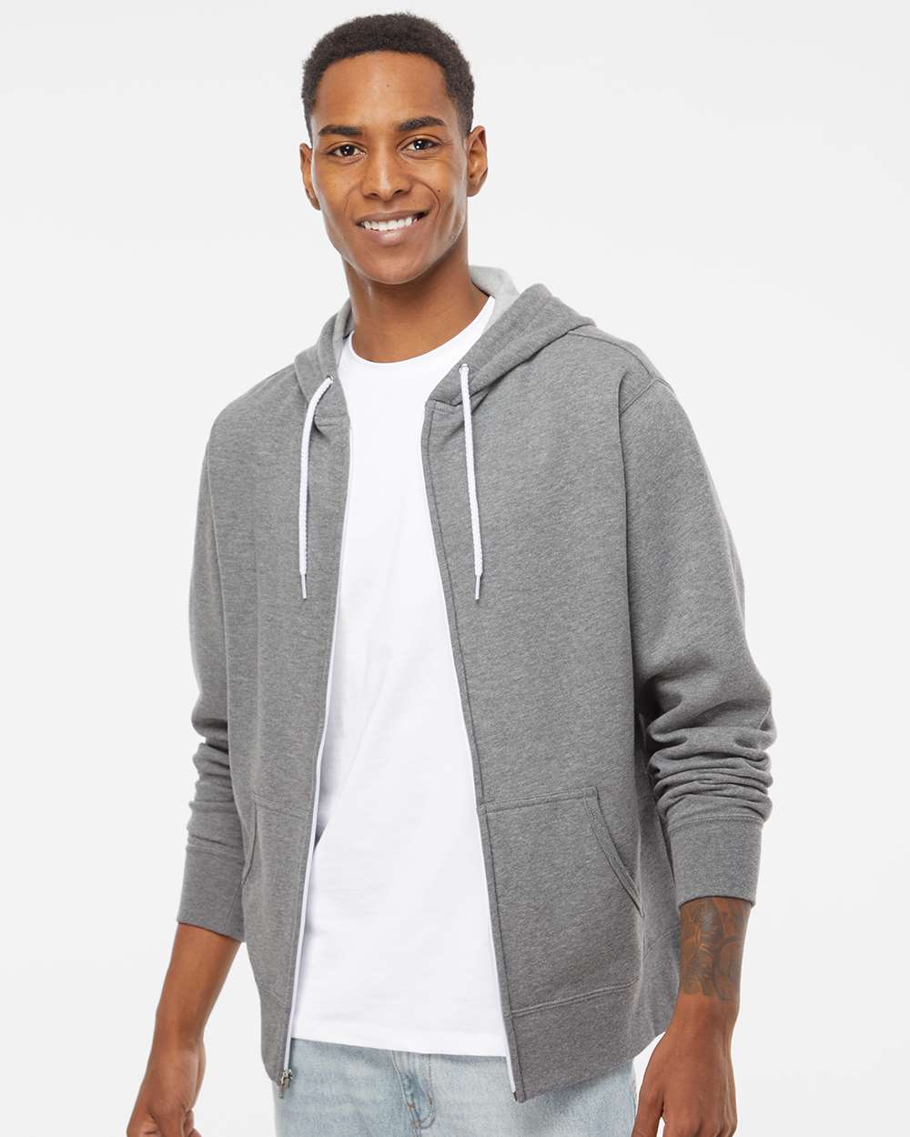 Unisex Lightweight Full-Zip Hooded Sweatshirt - OnModelFront - B81076352 - Gunmetal Heather