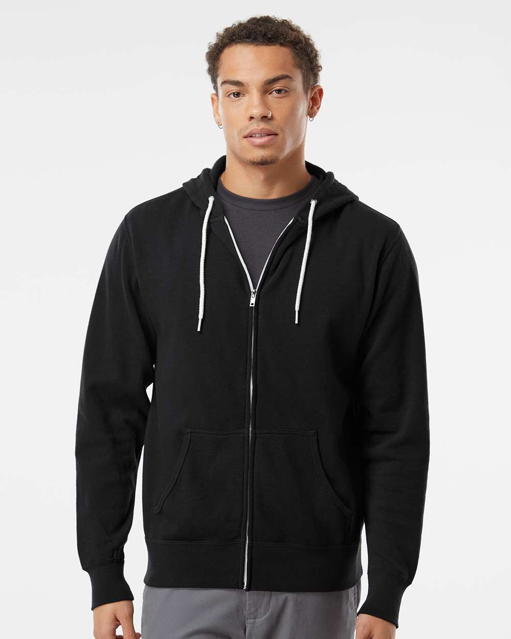 Unisex Lightweight Full-Zip Hooded Sweatshirt - OnModelFront - B81076502 - Black