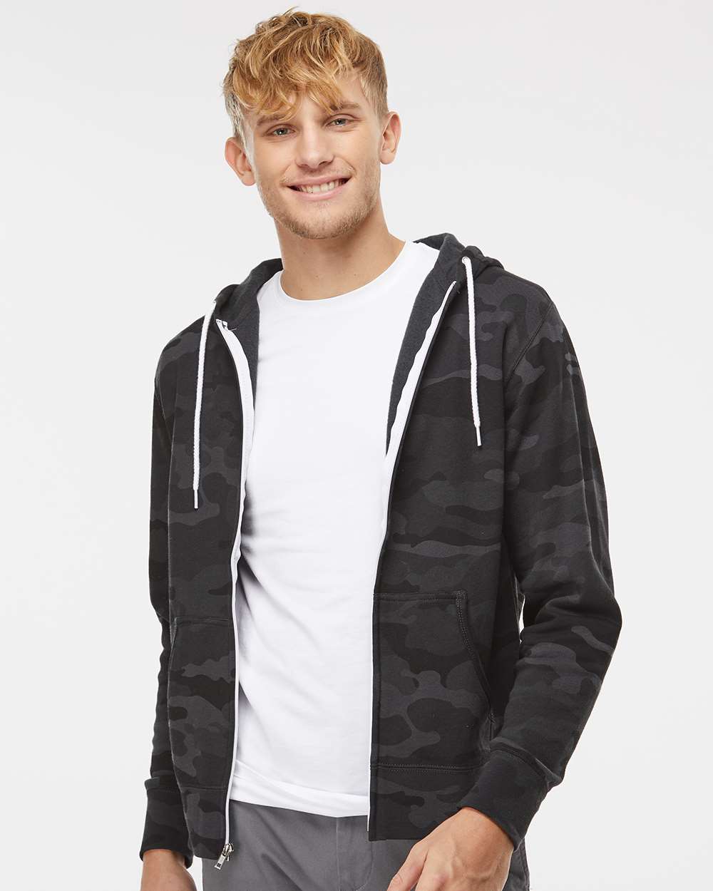 Unisex Lightweight Full-Zip Hooded Sweatshirt - OnModelFront - B81076512 - Black Camo