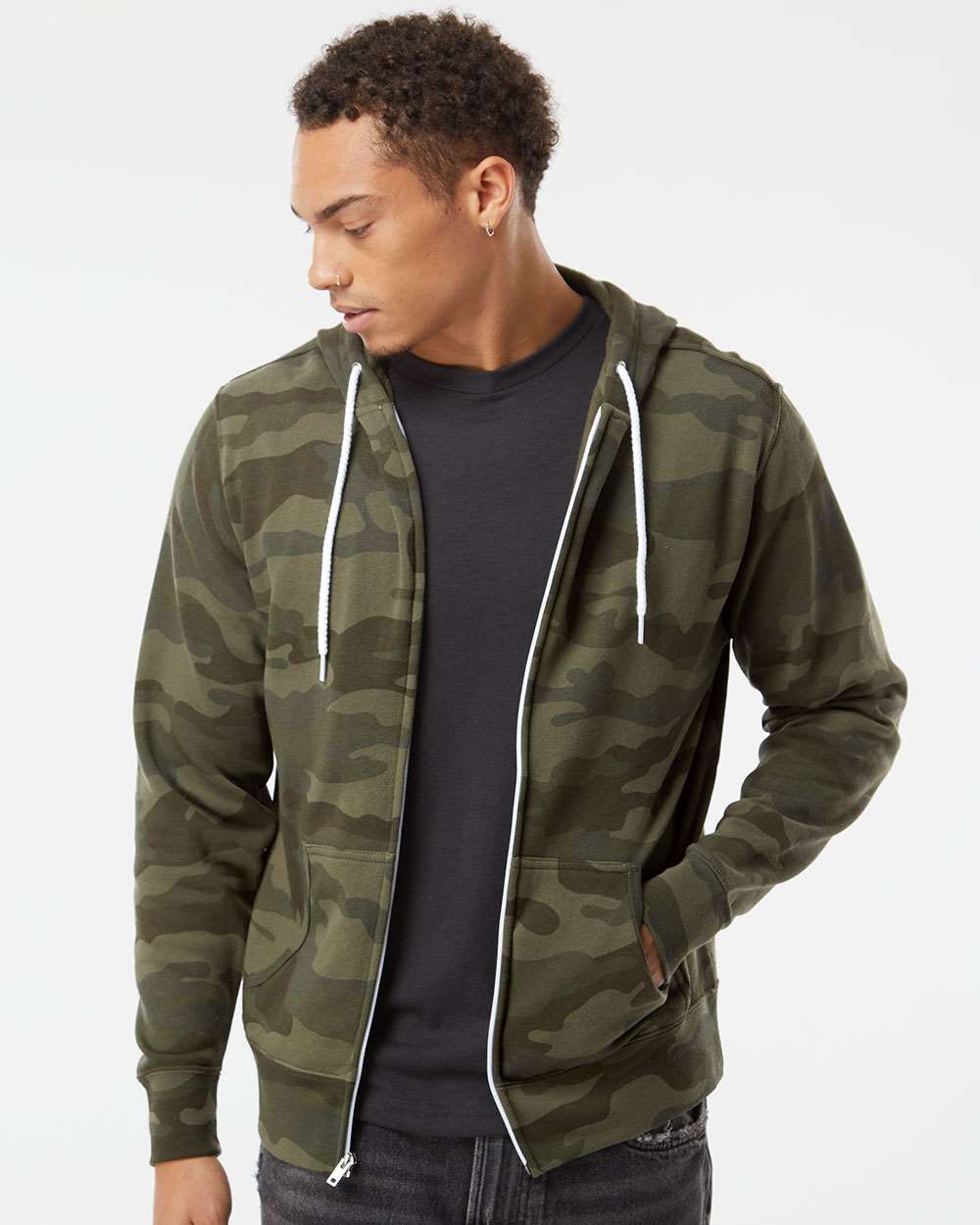 Unisex Lightweight Full-Zip Hooded Sweatshirt - OnModelFront - B81076622 - Forest Camo