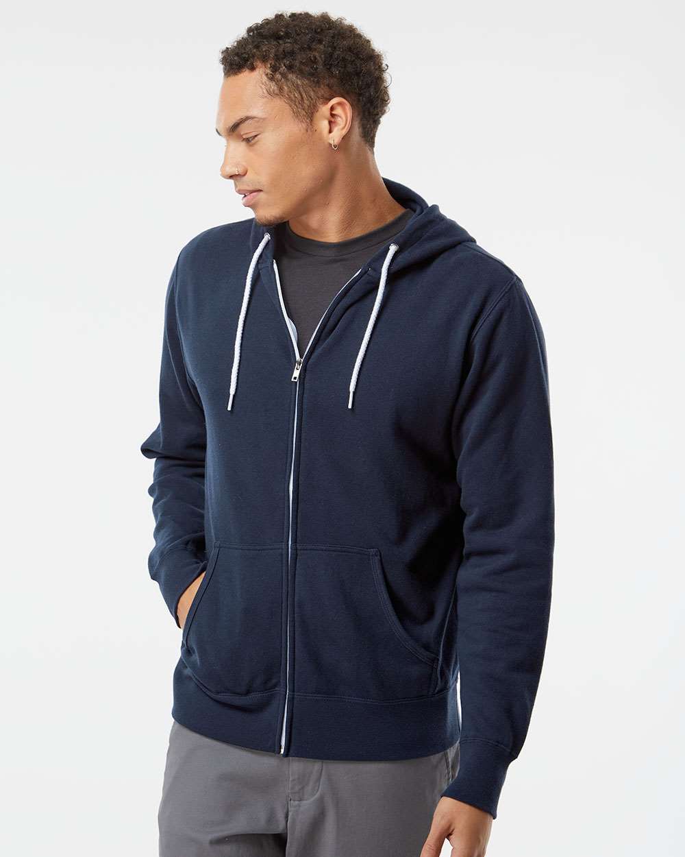 Unisex Lightweight Full-Zip Hooded Sweatshirt - OnModelFront - B81076652 - Classic Navy