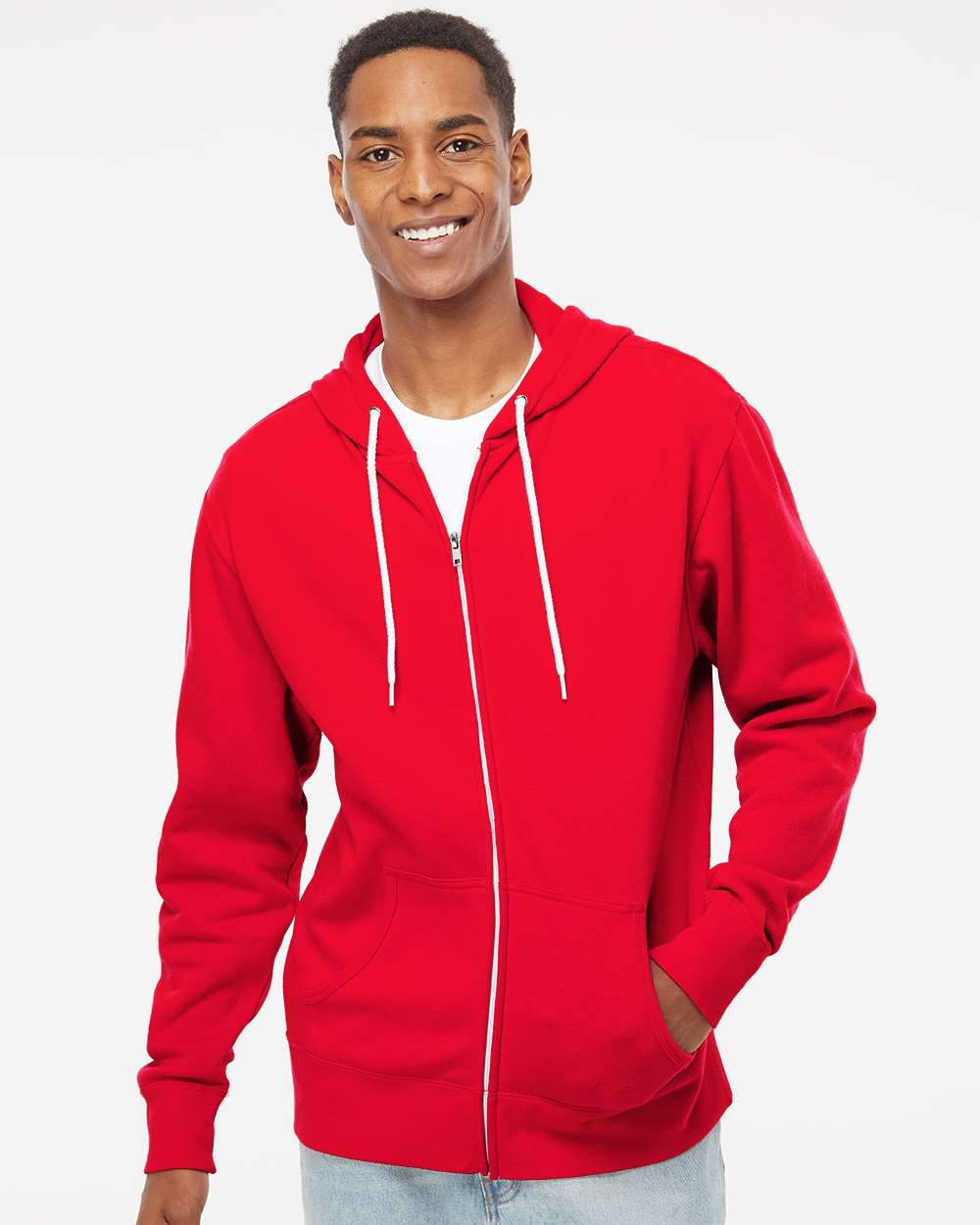 Unisex Lightweight Full-Zip Hooded Sweatshirt - OnModelFront - B81076702 - Red