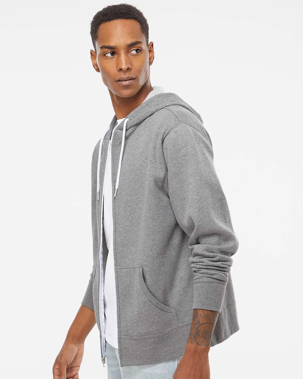 Unisex Lightweight Full-Zip Hooded Sweatshirt - OnModelSide - B81076352 - Gunmetal Heather
