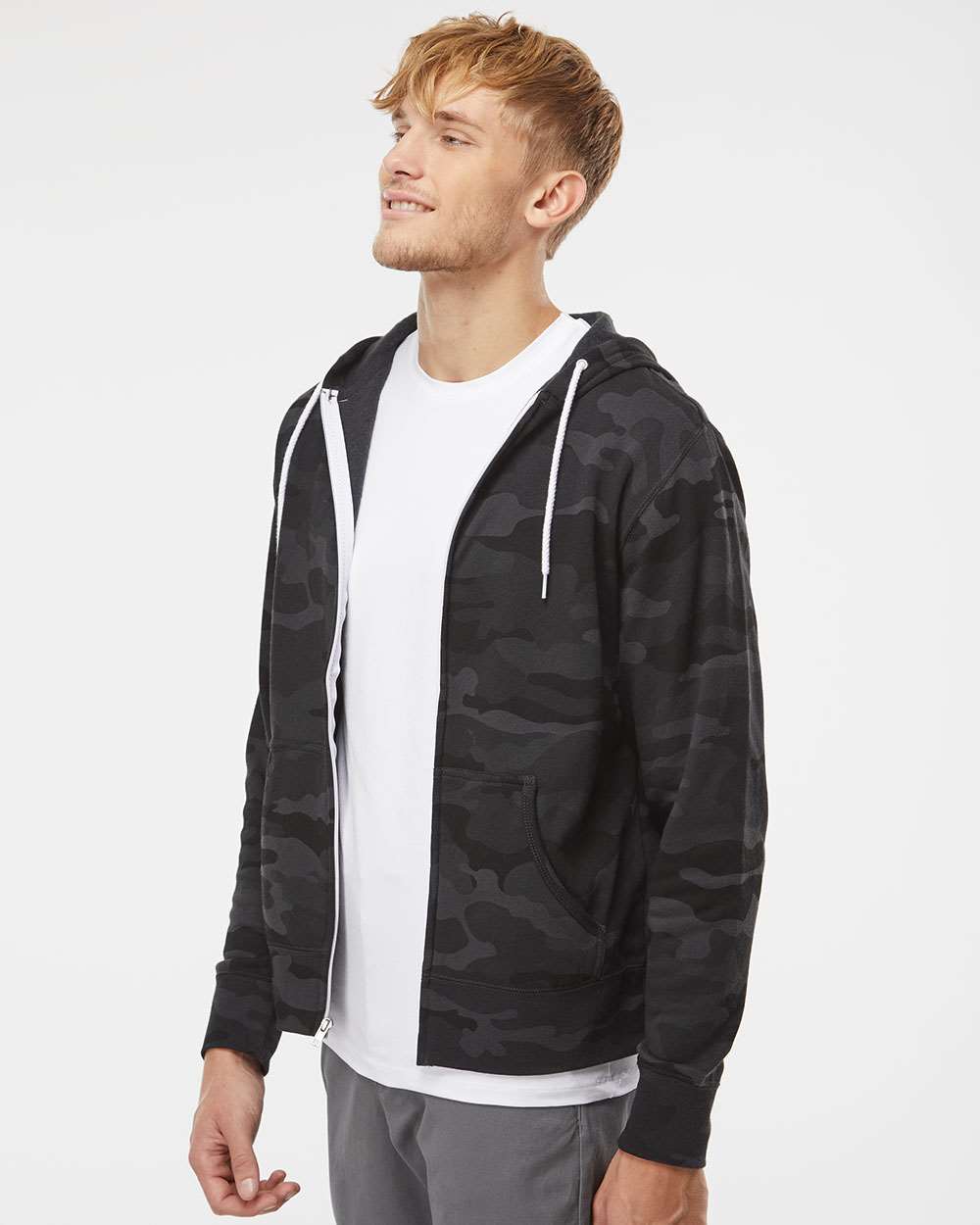 Unisex Lightweight Full-Zip Hooded Sweatshirt - OnModelSide - B81076512 - Black Camo