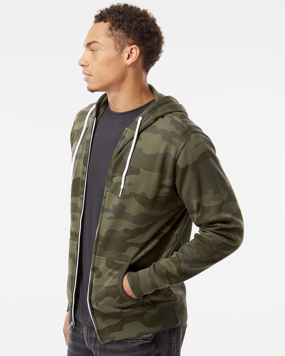 Unisex Lightweight Full-Zip Hooded Sweatshirt - OnModelSide - B81076622 - Forest Camo
