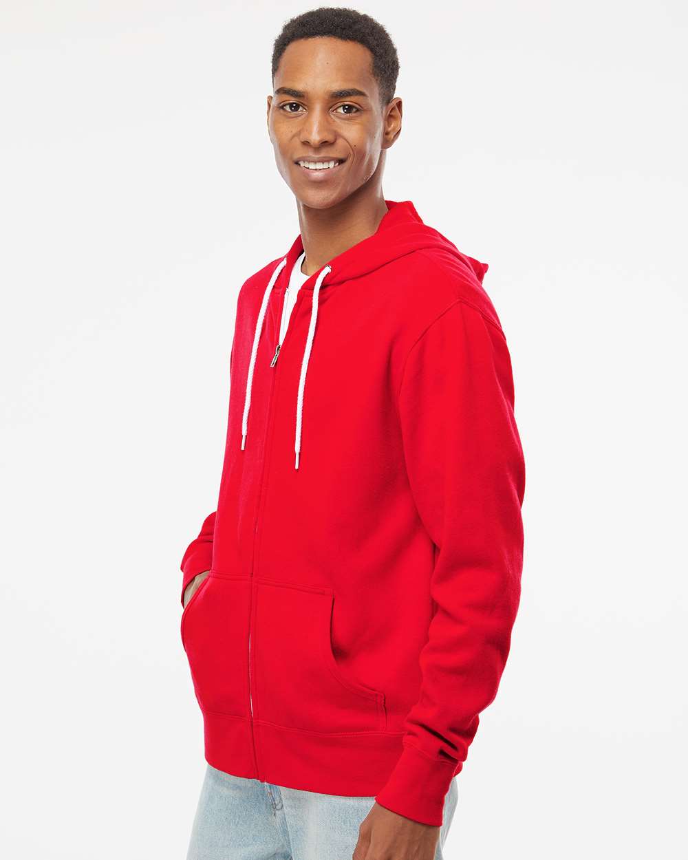 Unisex Lightweight Full-Zip Hooded Sweatshirt - OnModelSide - B81076702 - Red