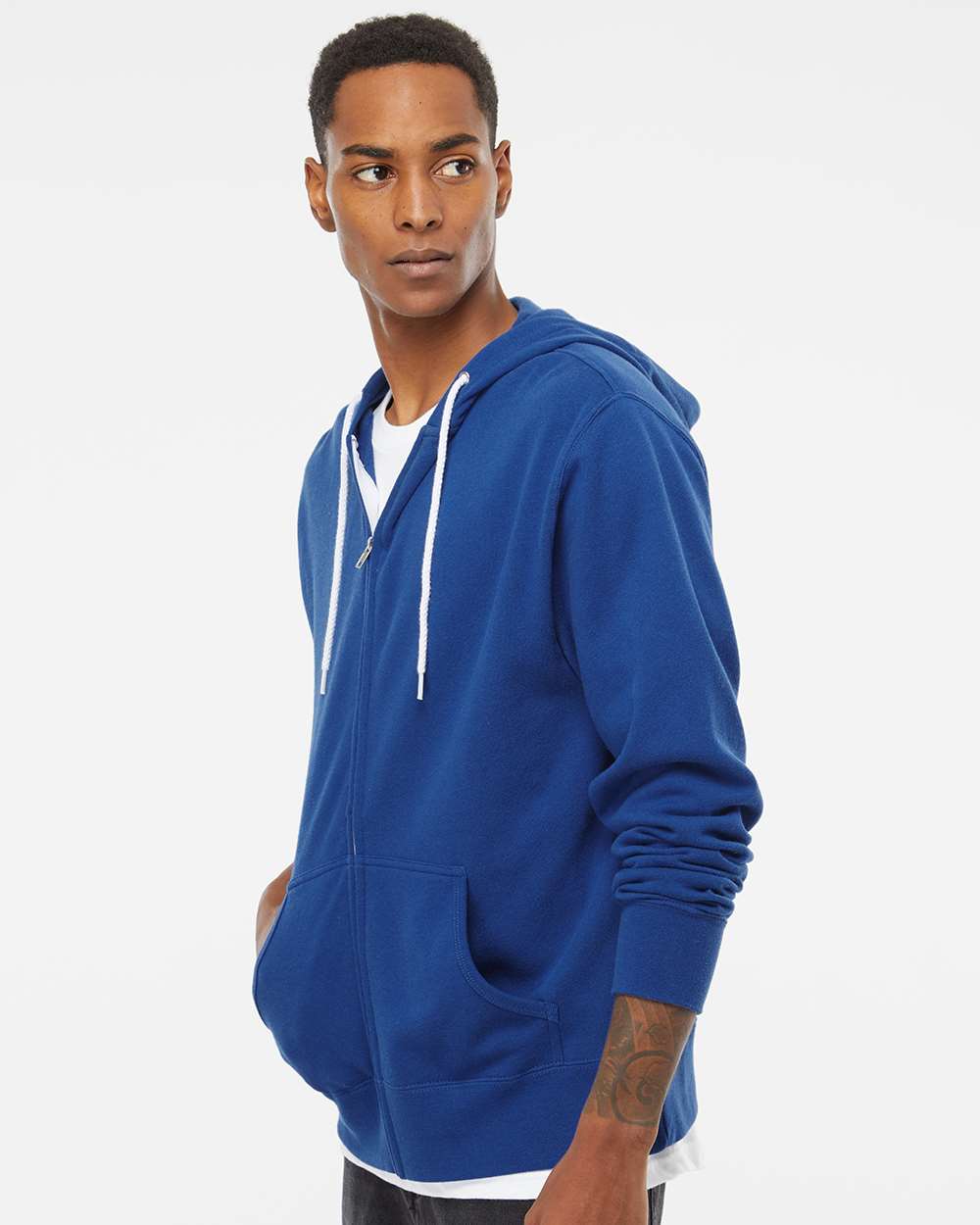 Unisex Lightweight Full-Zip Hooded Sweatshirt - OnModelSide - B81076992 - Cobalt