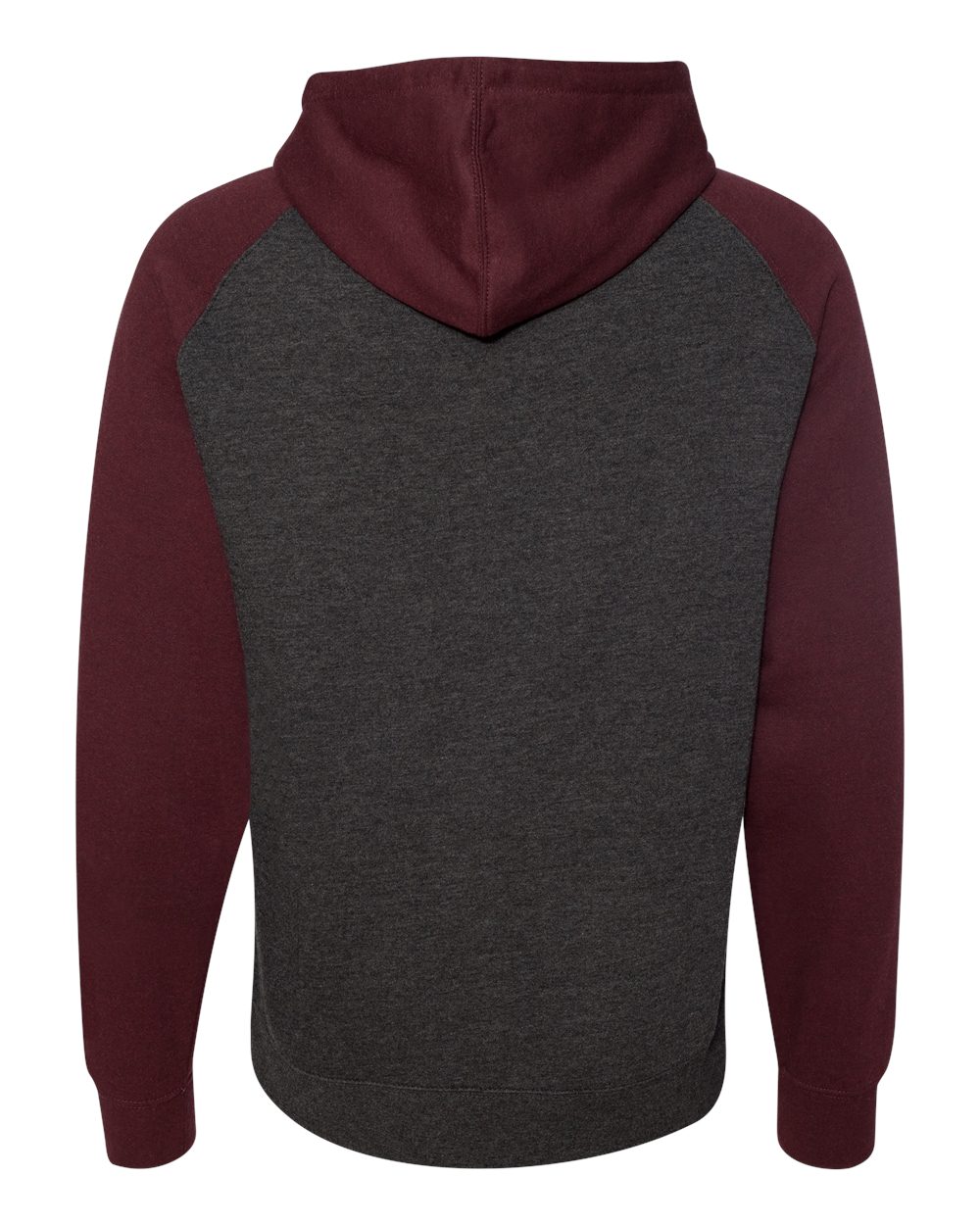 Unisex Raglan Hooded Sweatshirt - Back - B82976112 - Charcoal Heather/ Burgundy Heather