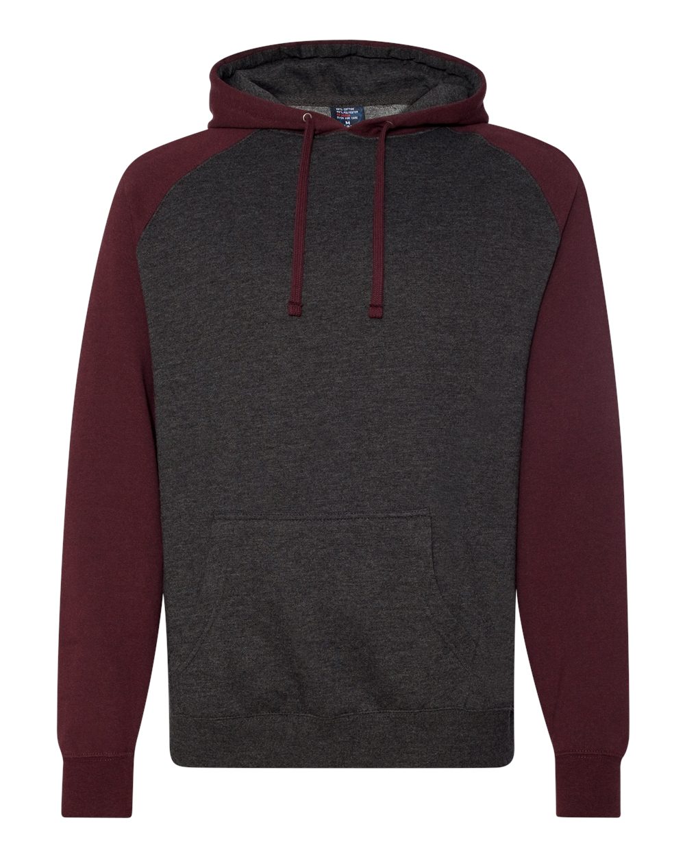 Unisex Raglan Hooded Sweatshirt - Front - B82976112 - Charcoal Heather/ Burgundy Heather