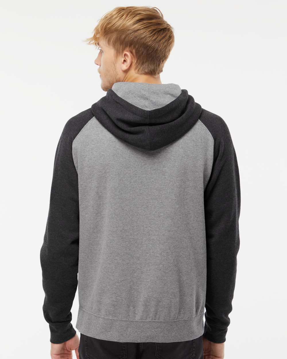 Unisex Raglan Hooded Sweatshirt - OnModelBack - B82976092 - Gunmetal Heather/ Charcoal Heather