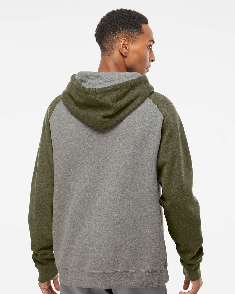 Unisex Raglan Hooded Sweatshirt - OnModelBack - B82976352 - Gunmetal Heather/ Army Heather