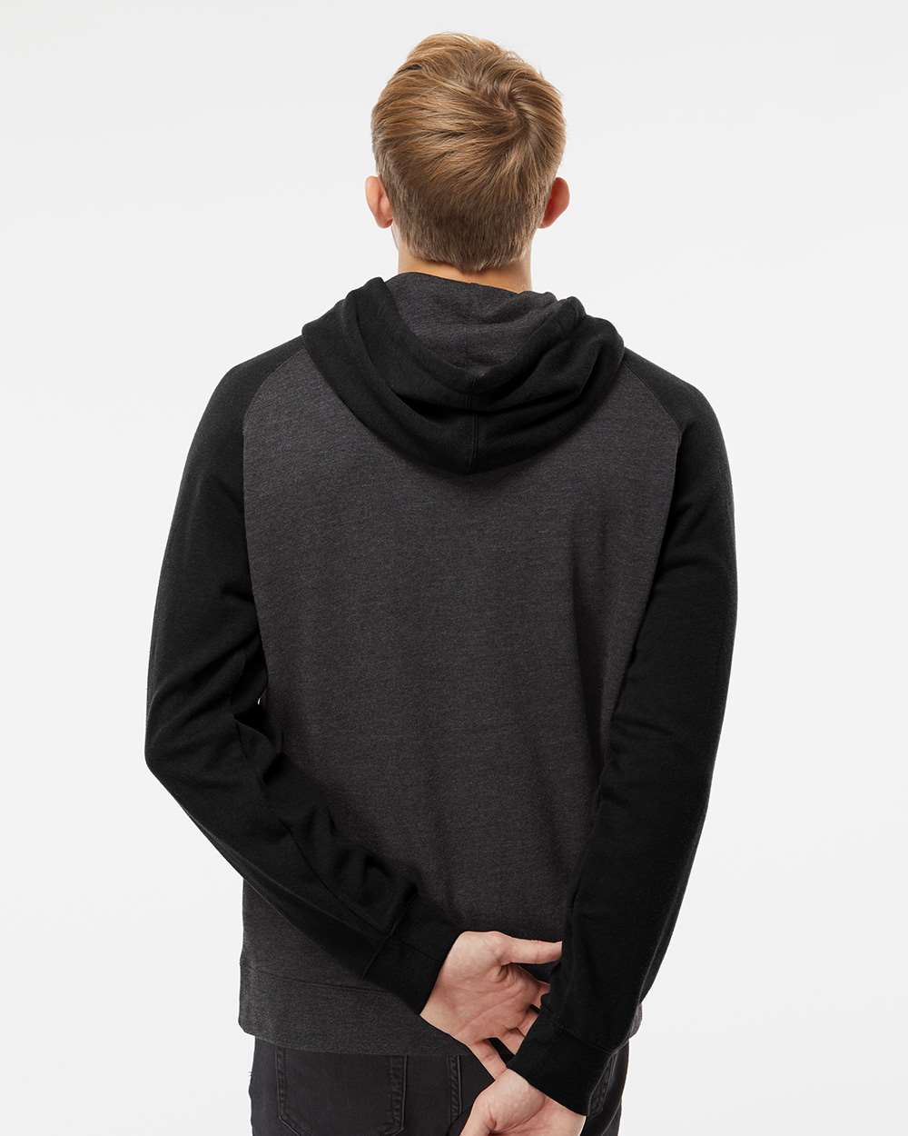 Unisex Raglan Hooded Sweatshirt - OnModelBack - B82976502 - Charcoal Heather/ Black