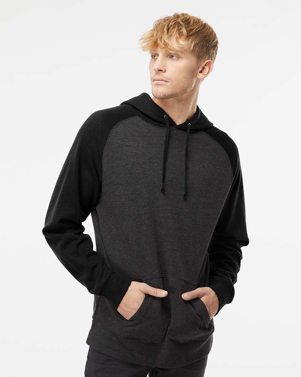 Unisex Raglan Hooded Sweatshirt - OnModelFront - B82976502 - Charcoal Heather/ Black