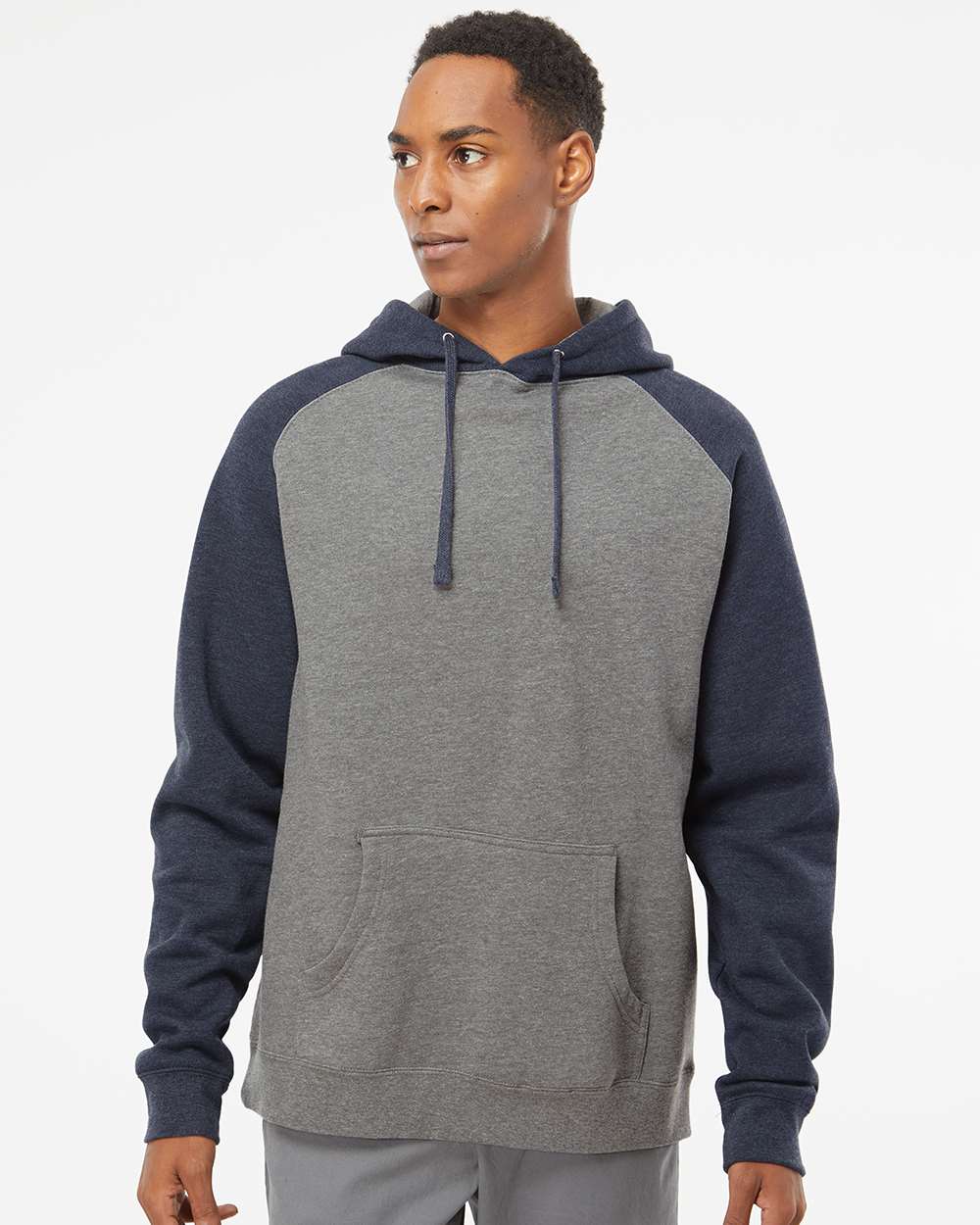Unisex Raglan Hooded Sweatshirt - OnModelFront - B82976652 - Gunmetal Heather/ Classic Navy Heather