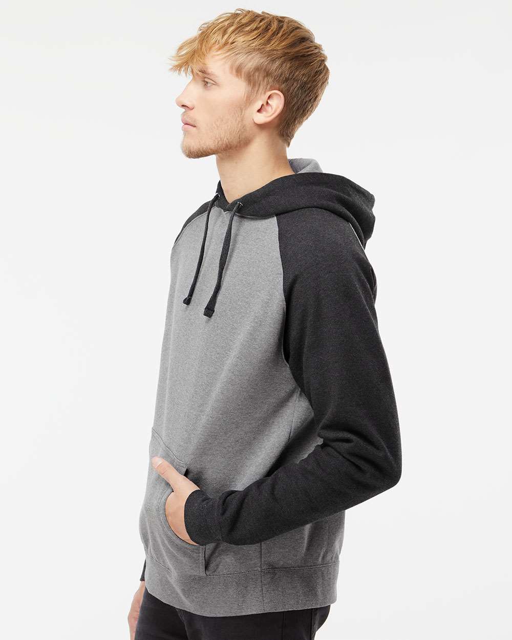Unisex Raglan Hooded Sweatshirt - OnModelSide - B82976092 - Gunmetal Heather/ Charcoal Heather