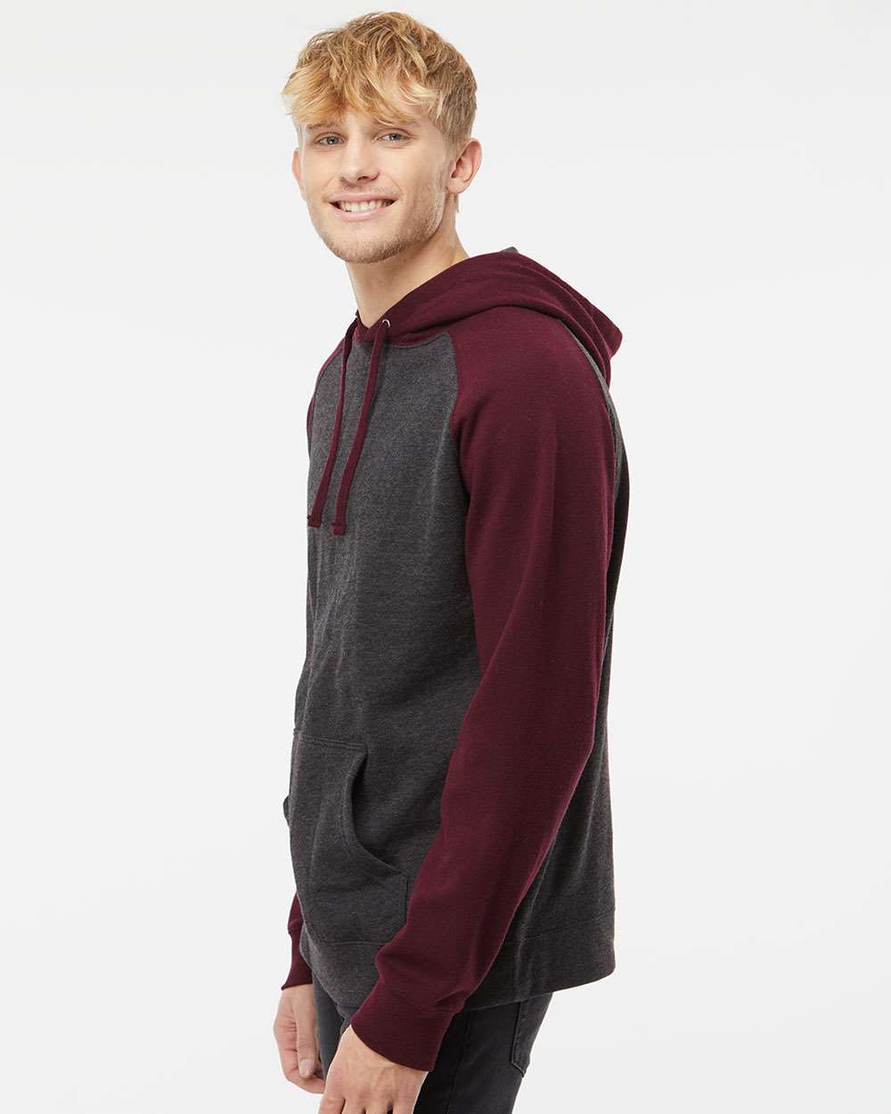 Unisex Raglan Hooded Sweatshirt - OnModelSide - B82976112 - Charcoal Heather/ Burgundy Heather