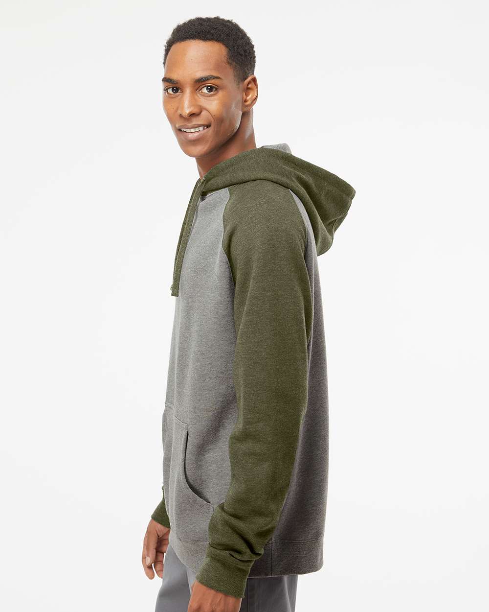 Unisex Raglan Hooded Sweatshirt - OnModelSide - B82976352 - Gunmetal Heather/ Army Heather