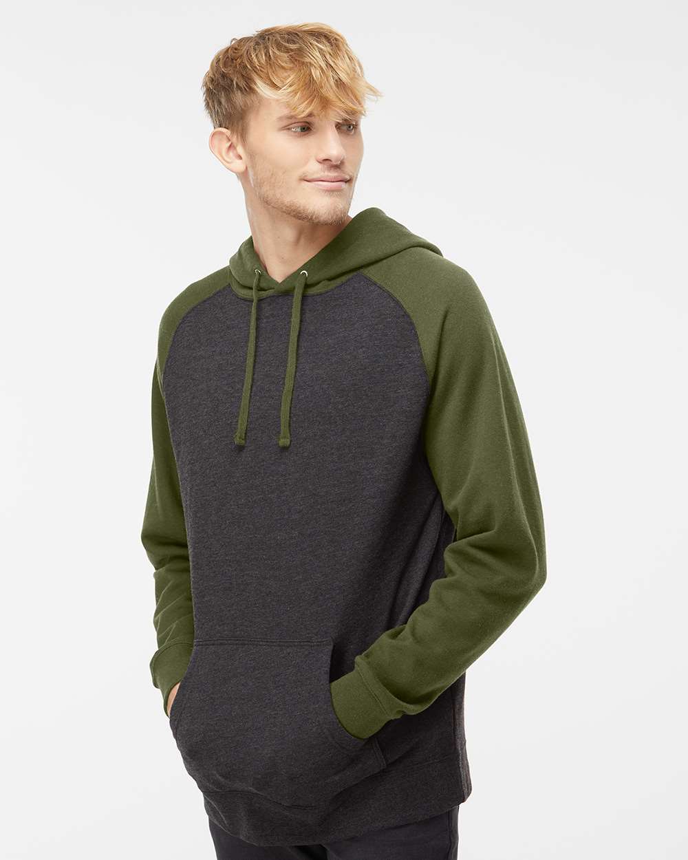 Unisex Raglan Hooded Sweatshirt - OnModelSide - B82976642 - Charcoal Heather/ Army Heather