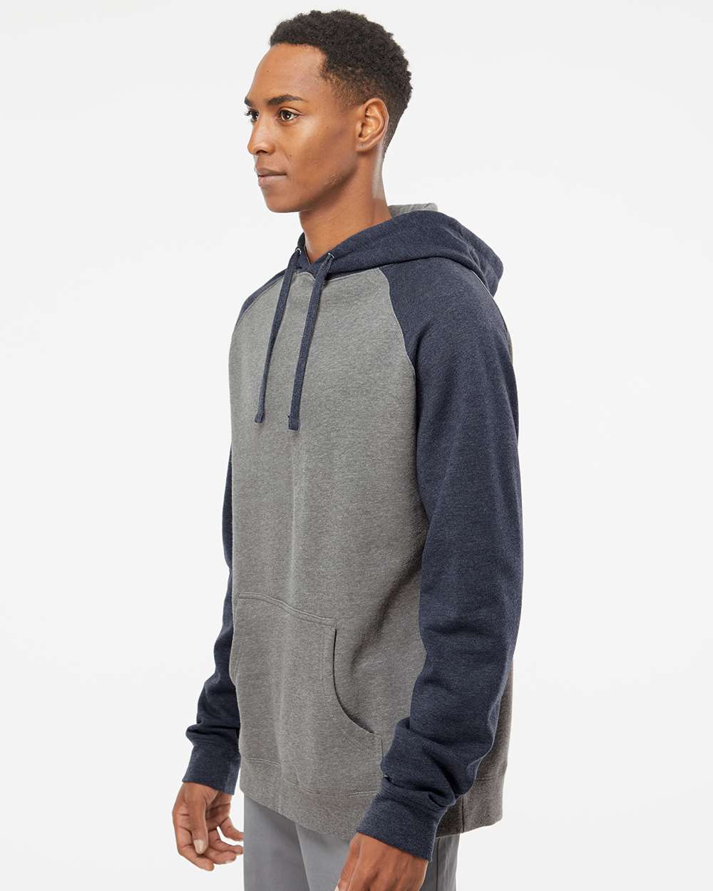 Unisex Raglan Hooded Sweatshirt - OnModelSide - B82976652 - Gunmetal Heather/ Classic Navy Heather