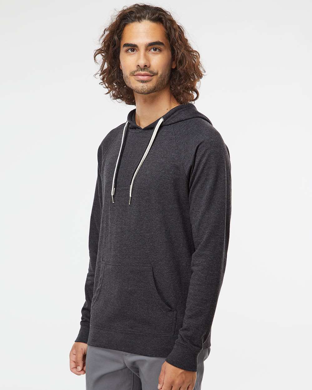 Unisex Icon Lightweight Loopback Terry Hooded Sweatshirt - OnModelSide - B11376092 - Charcoal Heather