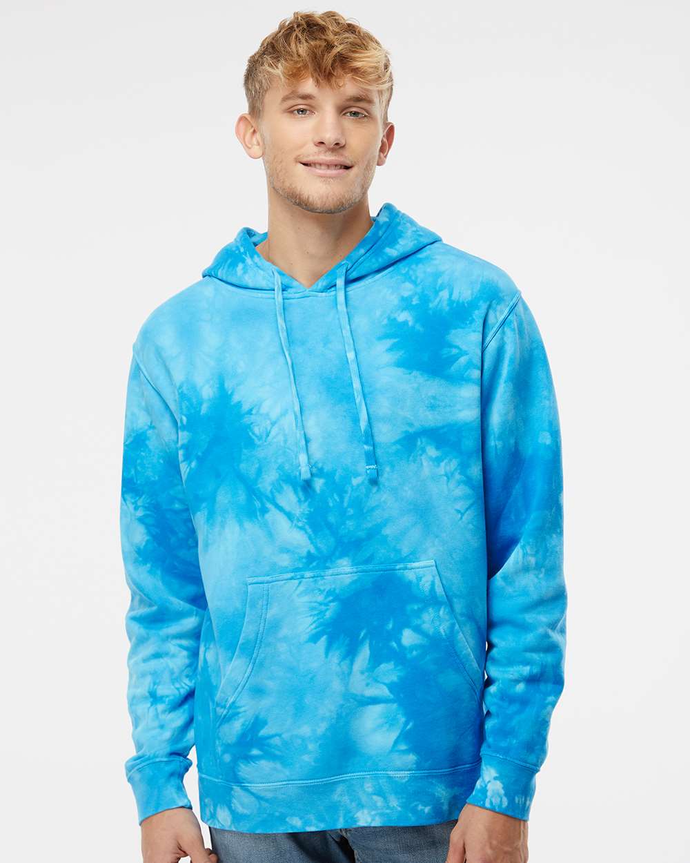 Unisex Midweight Tie-Dyed Hooded Sweatshirt - OnModelFront - B01476252 - Tie Dye Aqua Blue