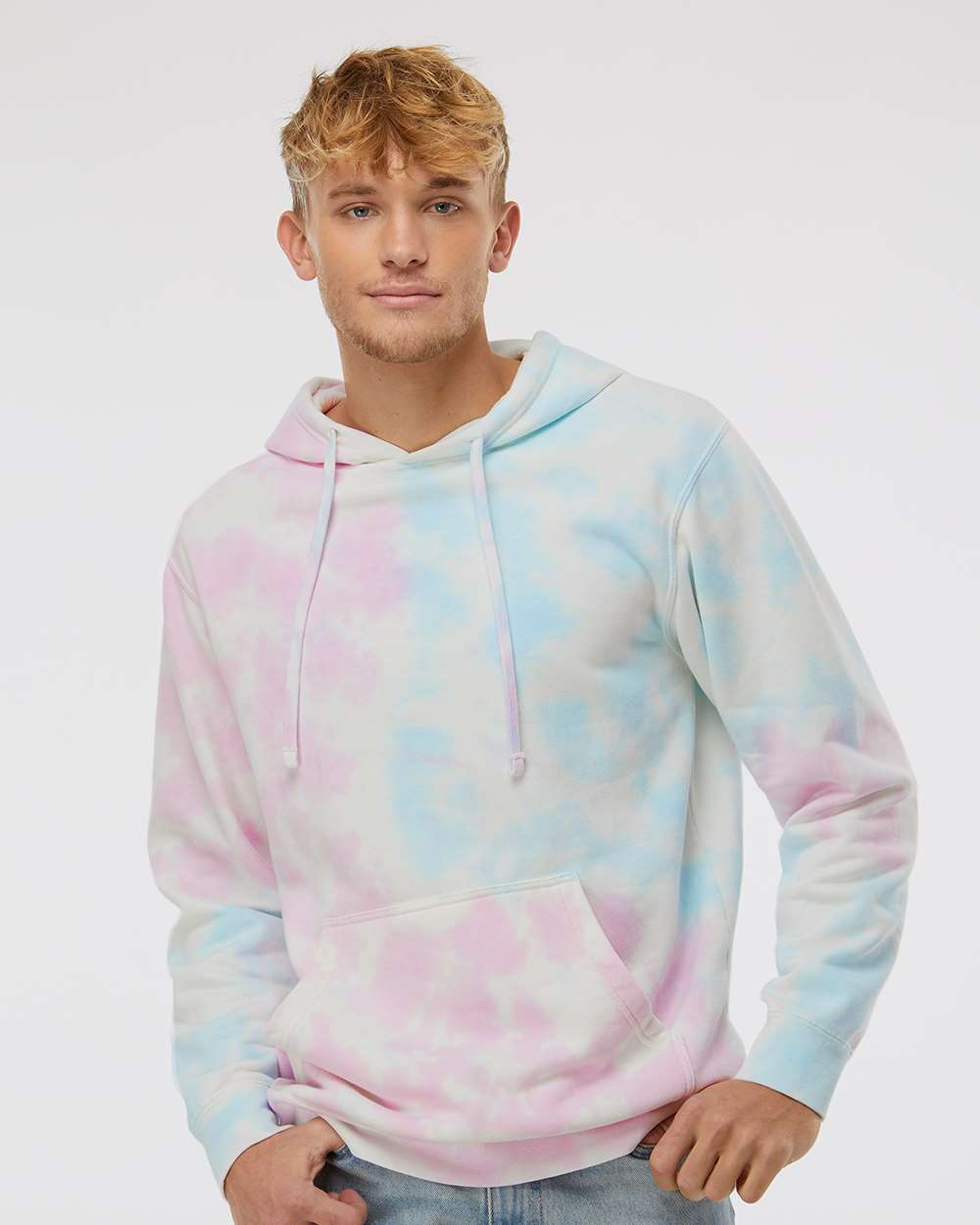 Unisex Midweight Tie-Dyed Hooded Sweatshirt - OnModelFront - B01476312 - Tie Dye Cotton Candy