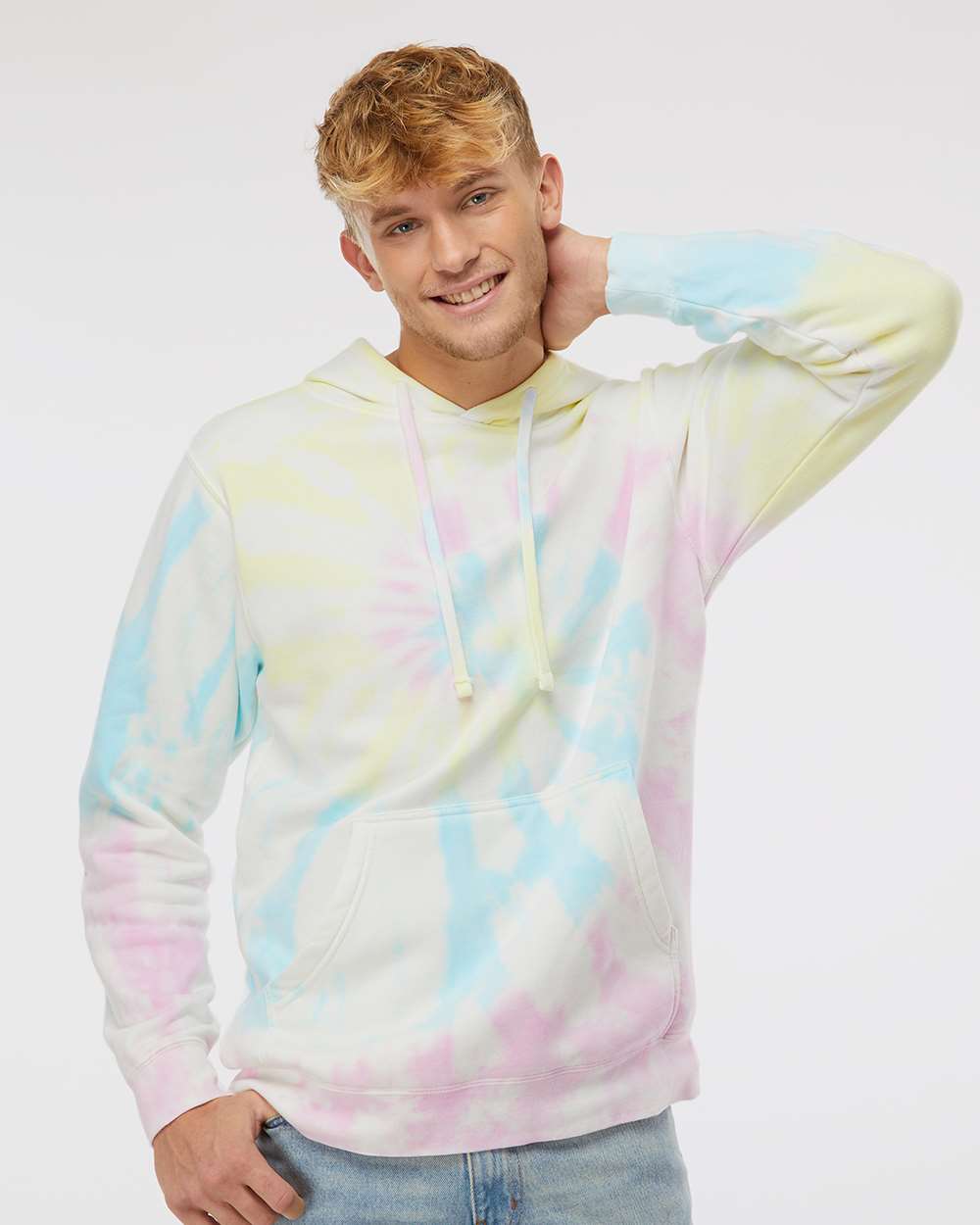 Unisex Midweight Tie-Dyed Hooded Sweatshirt - OnModelFront - B01476322 - Tie Dye Sunset Swirl