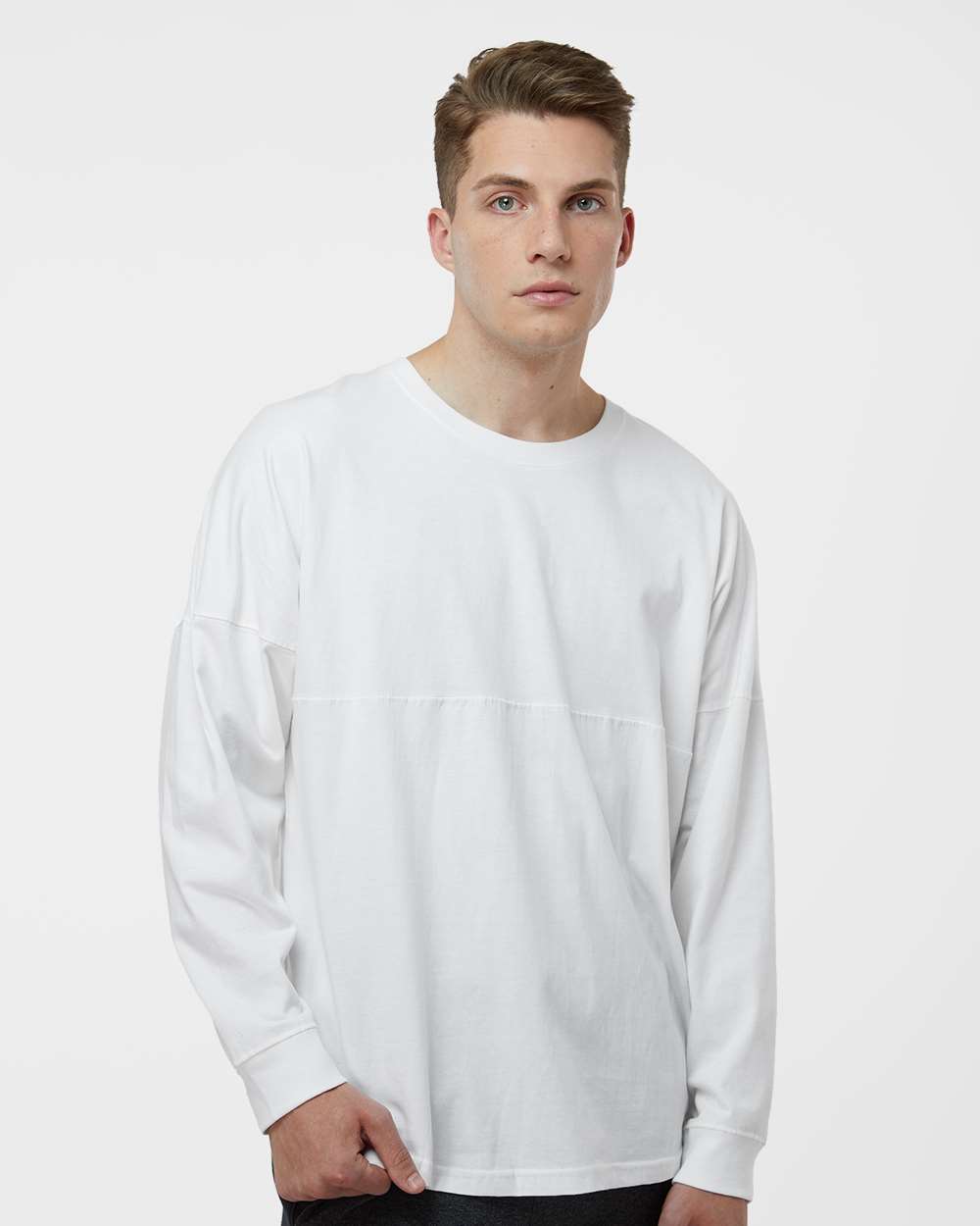 Unisex Game Day Jersey Long Sleeve T-Shirt - OnModelFront - B22328002 - White