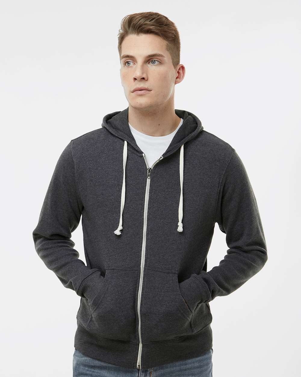 Men's Triblend Full-Zip Hooded Sweatshirt - OnModelFront - B23728492 - Black Triblend