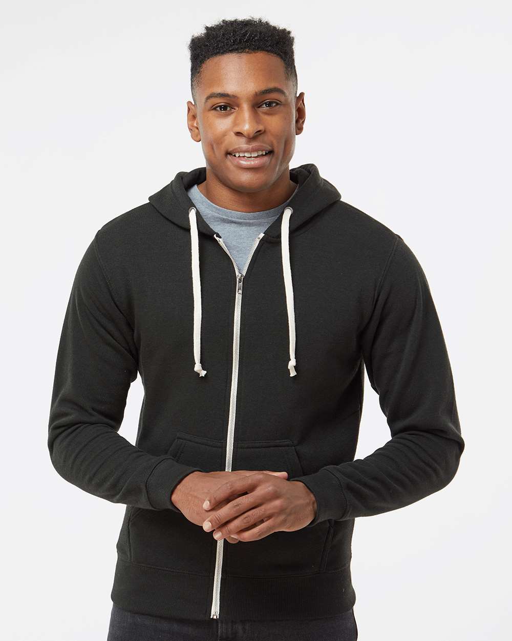 Men's Triblend Full-Zip Hooded Sweatshirt - OnModelFront - B23728502 - Black Solid