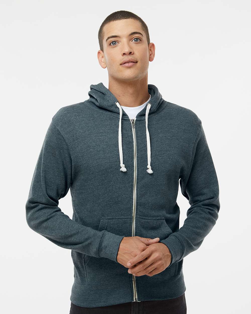 Men's Triblend Full-Zip Hooded Sweatshirt - OnModelFront - B23728652 - Navy Triblend