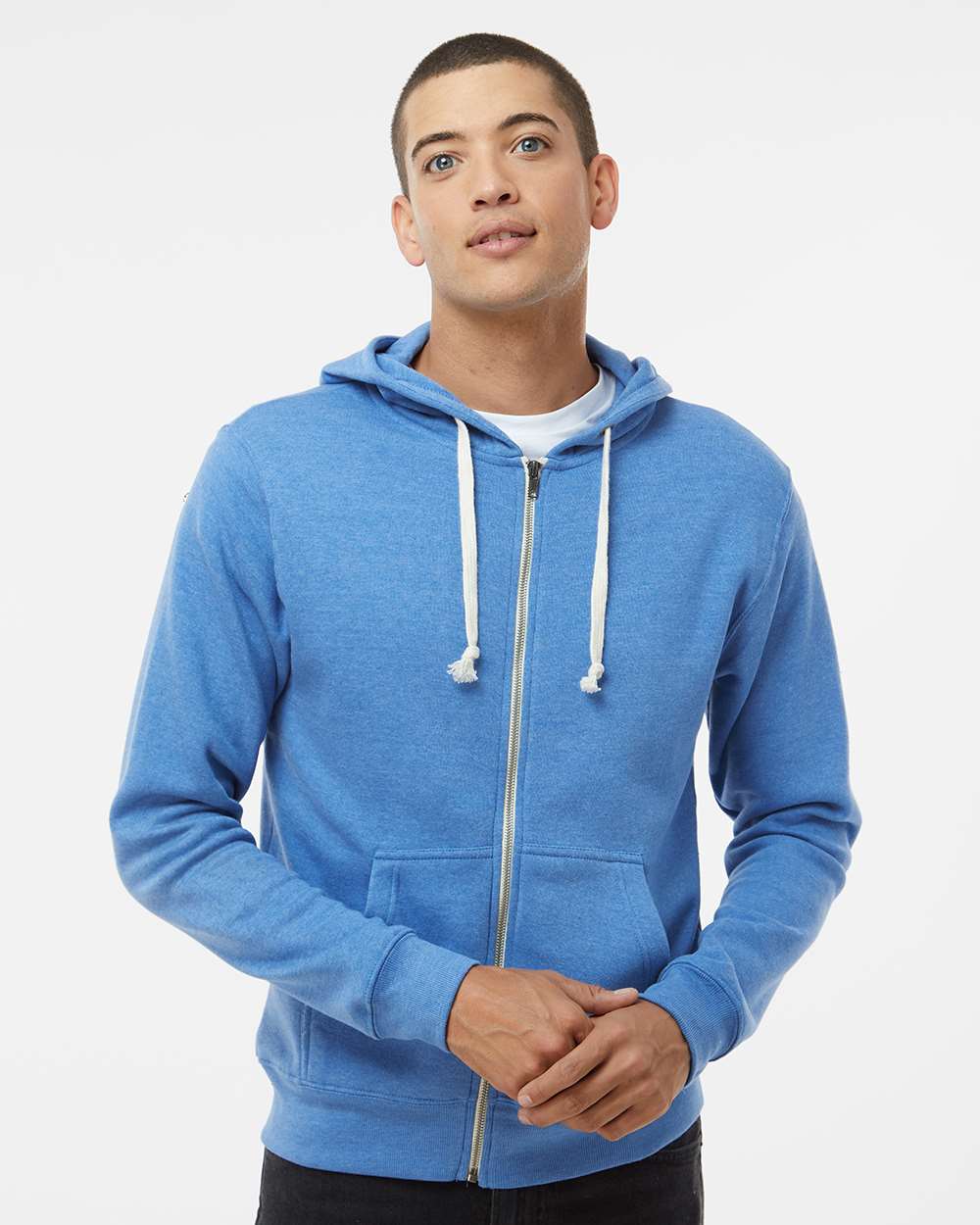 Men's Triblend Full-Zip Hooded Sweatshirt - OnModelFront - B23728752 - Cool Royal Triblend