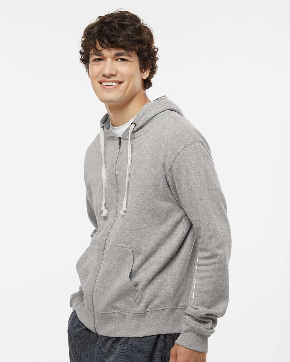 Men's Triblend Full-Zip Hooded Sweatshirt - OnModelSide - B23728352 - Grey Triblend