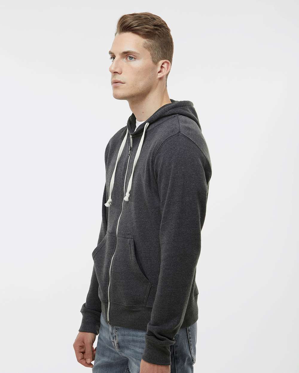 Men's Triblend Full-Zip Hooded Sweatshirt - OnModelSide - B23728492 - Black Triblend