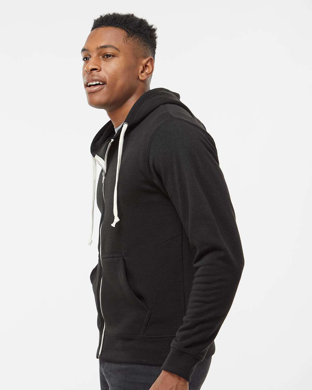 Men's Triblend Full-Zip Hooded Sweatshirt - OnModelSide - B23728502 - Black Solid