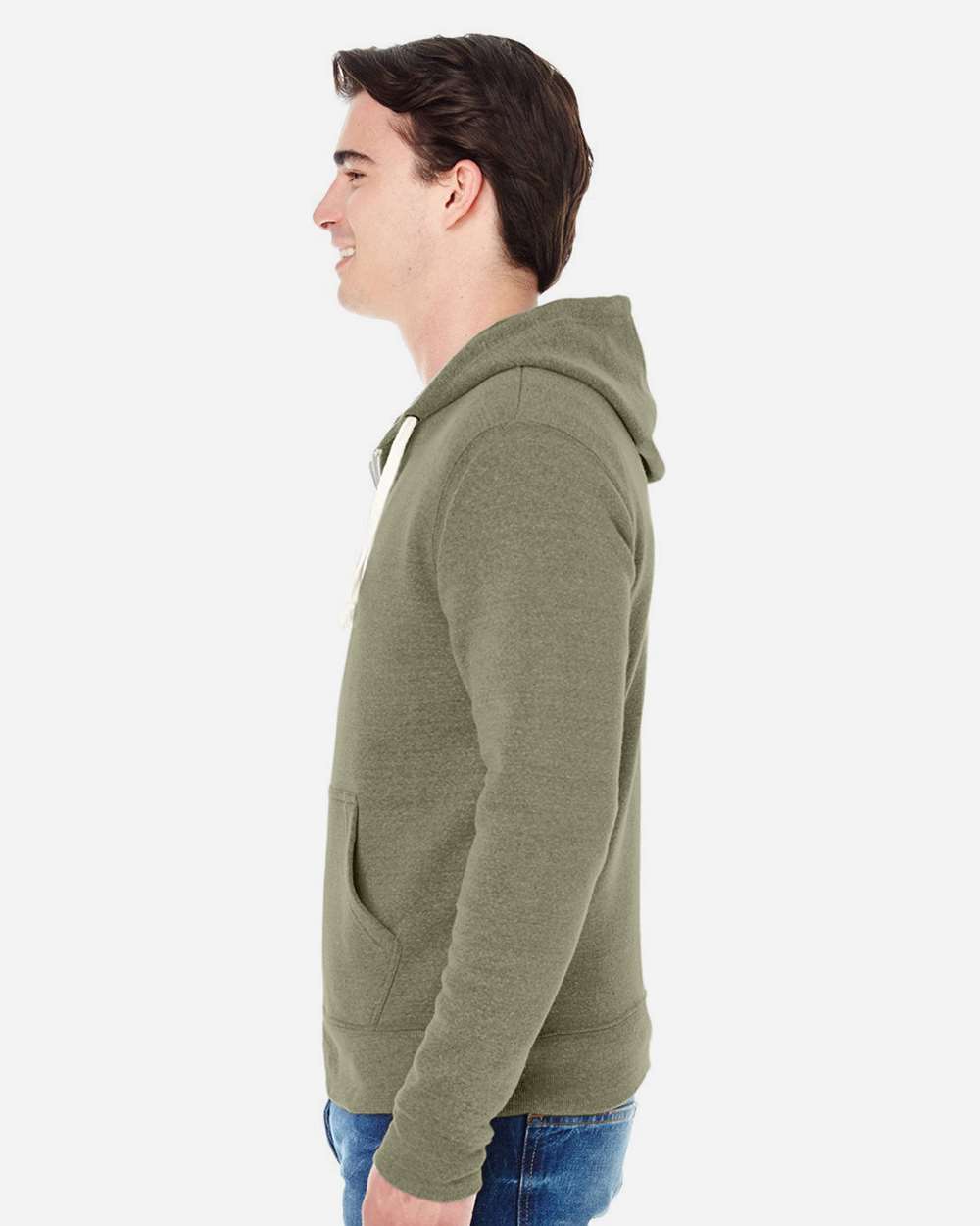 Men's Triblend Full-Zip Hooded Sweatshirt - OnModelSide - B23728642 - Olive Triblend