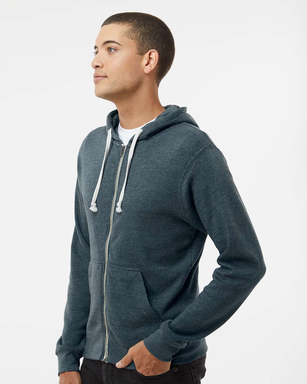 Men's Triblend Full-Zip Hooded Sweatshirt - OnModelSide - B23728652 - Navy Triblend